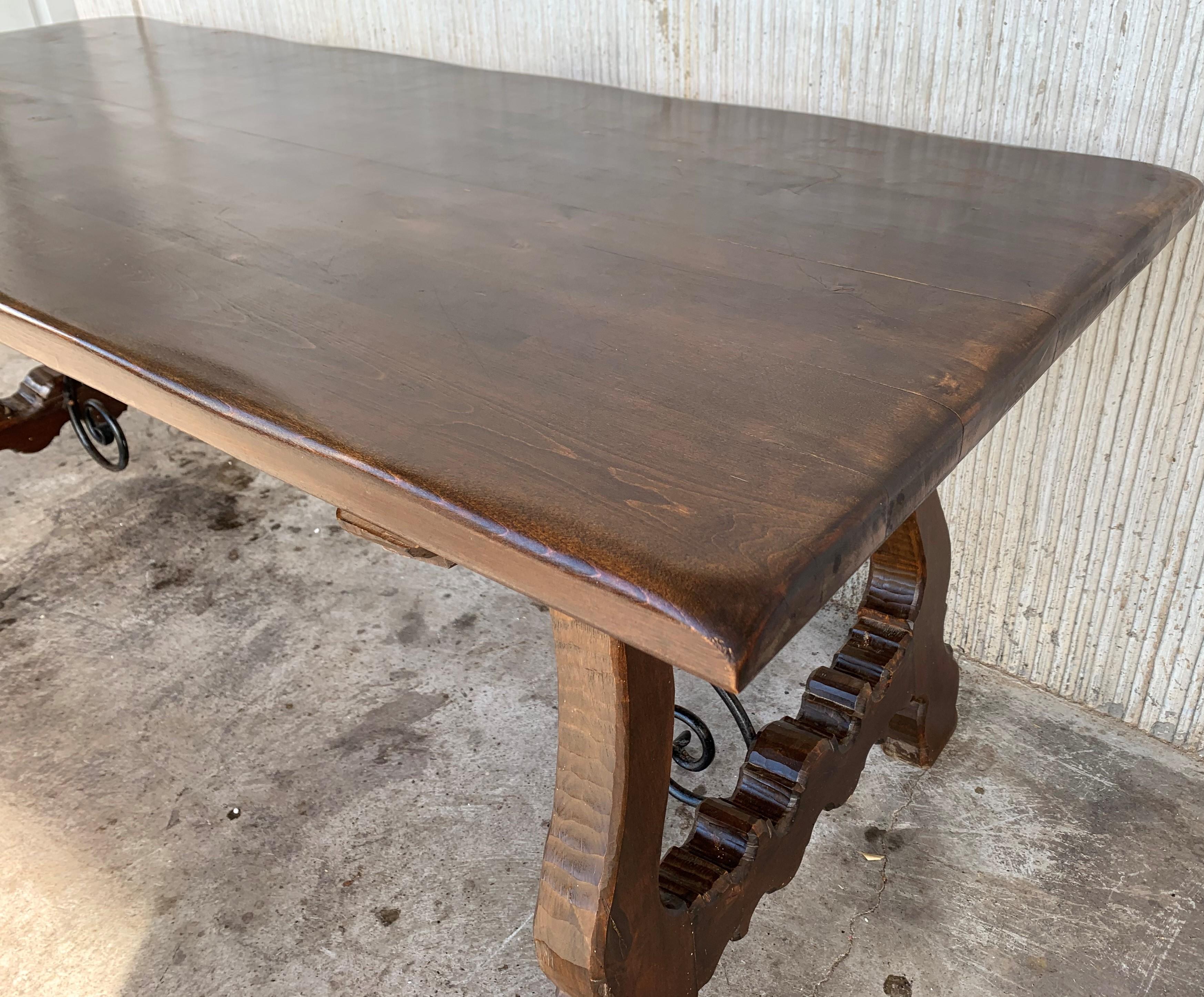20th Century Refectory Spanish Table with Lyre Legs and Iron Stretch 3