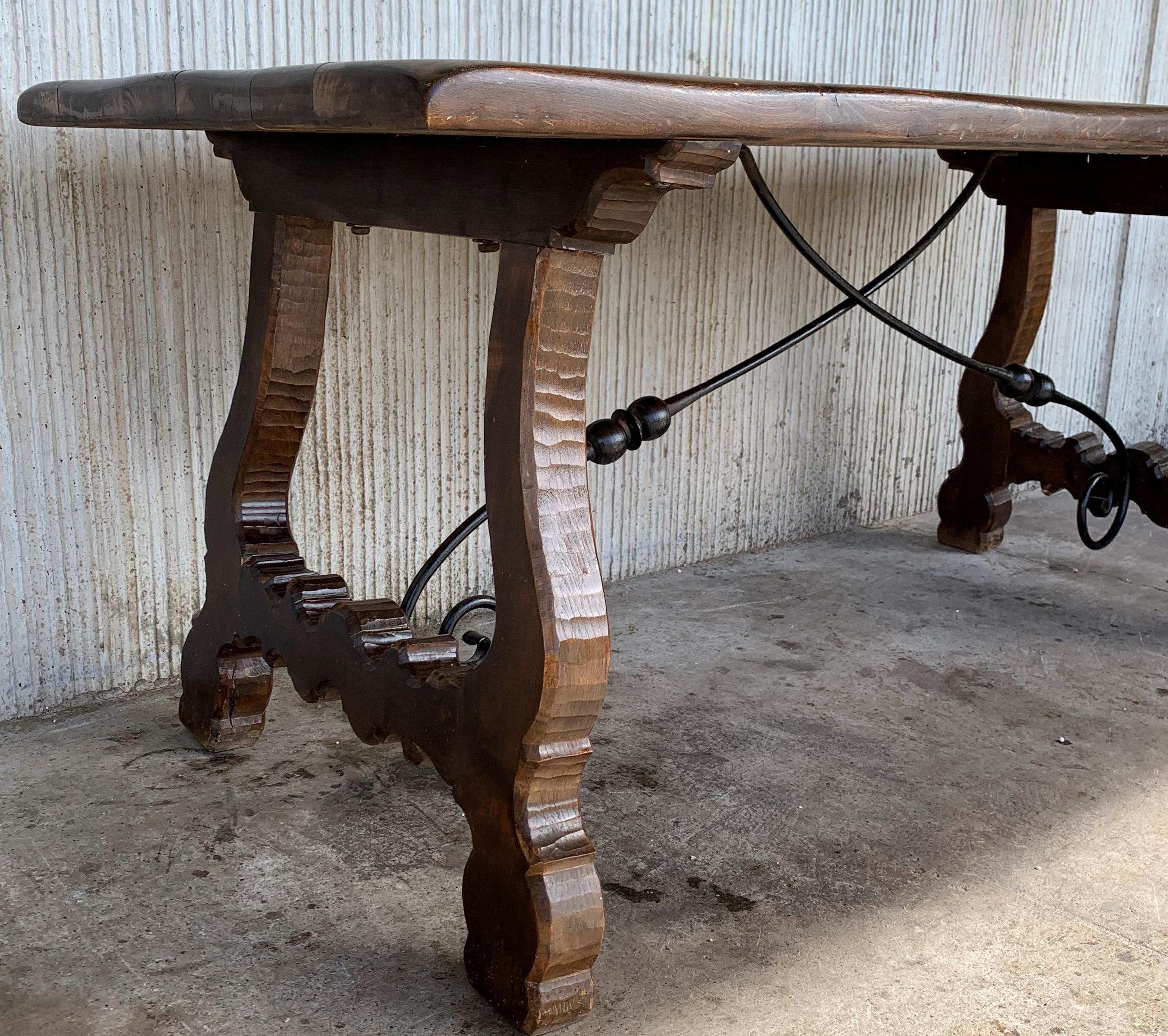 20th Century Refectory Spanish Table with Lyre Legs and Iron Stretch 4