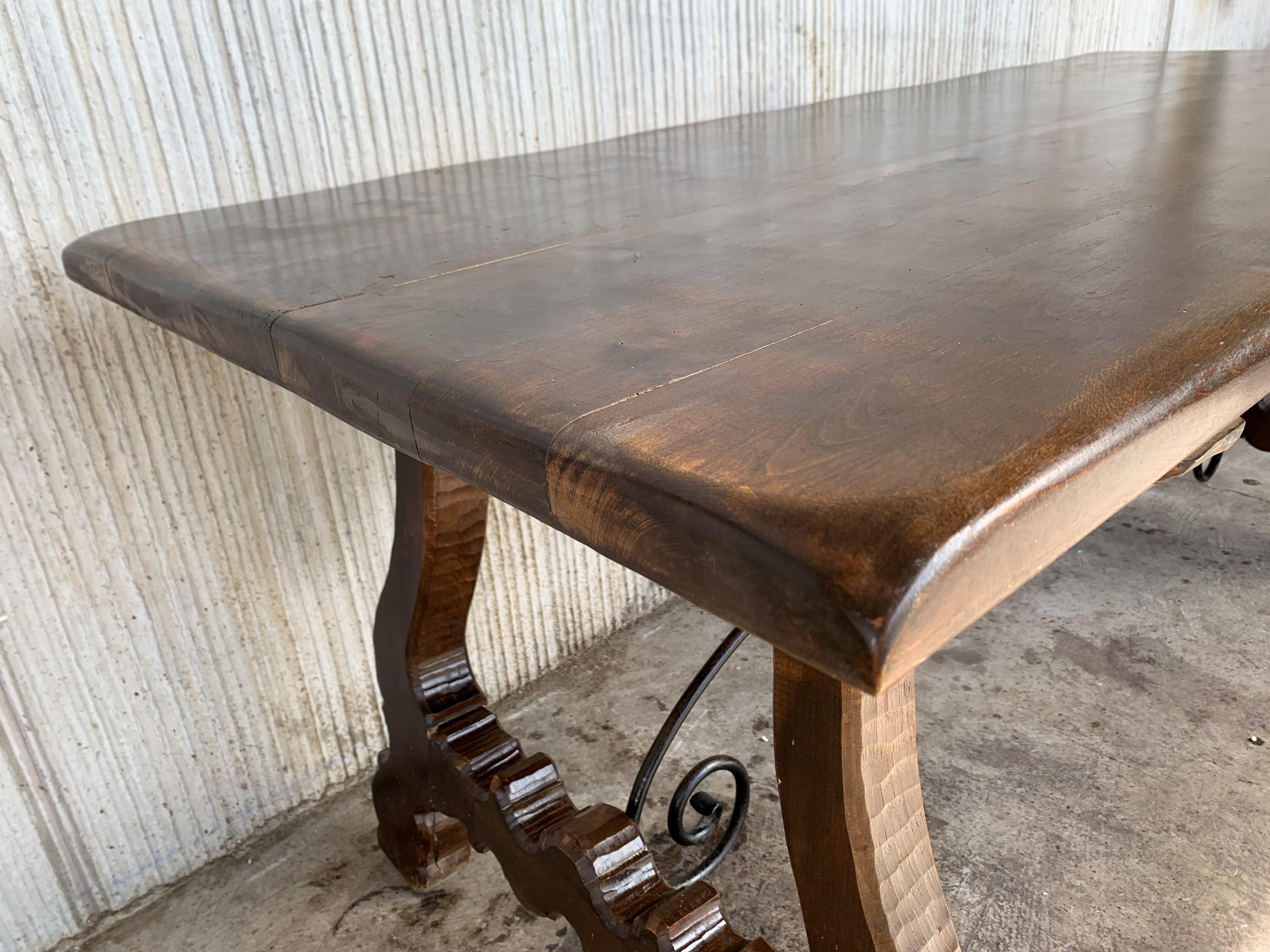 20th Century Refectory Spanish Table with Lyre Legs and Iron Stretch 5