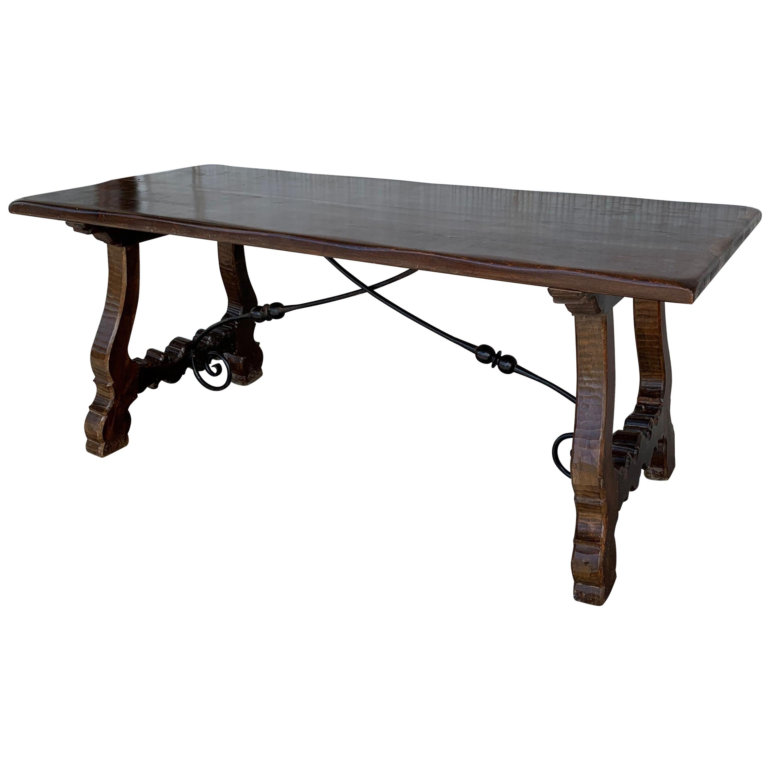 20th Century Refectory Spanish Table with Lyre Legs and Iron Stretch