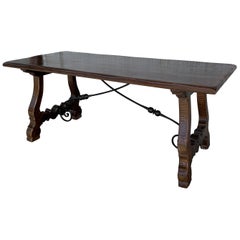 20th Century Refectory Spanish Table with Lyre Legs and Iron Stretch