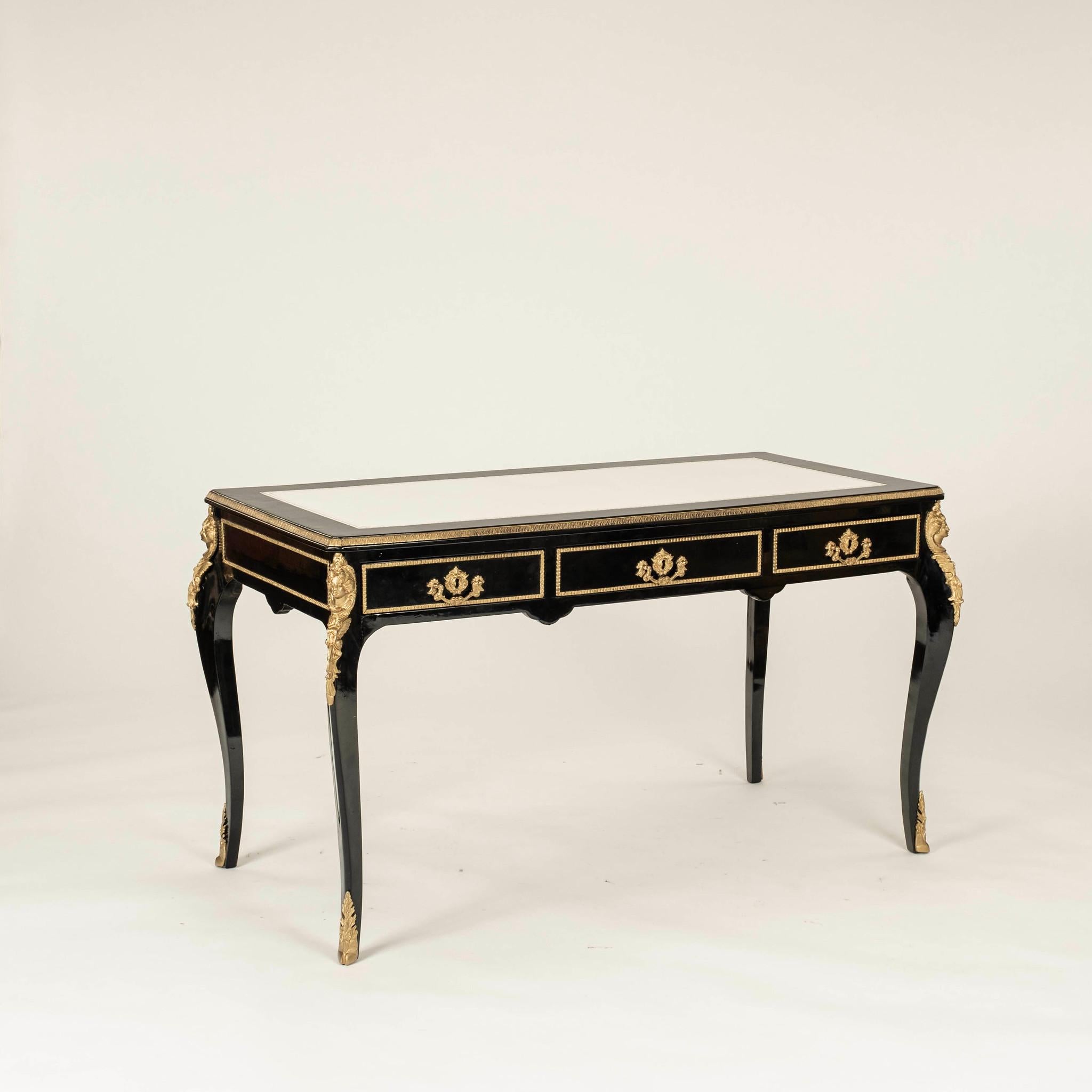 Embossed 20th Century Regency Style Black Lacquered Desk For Sale