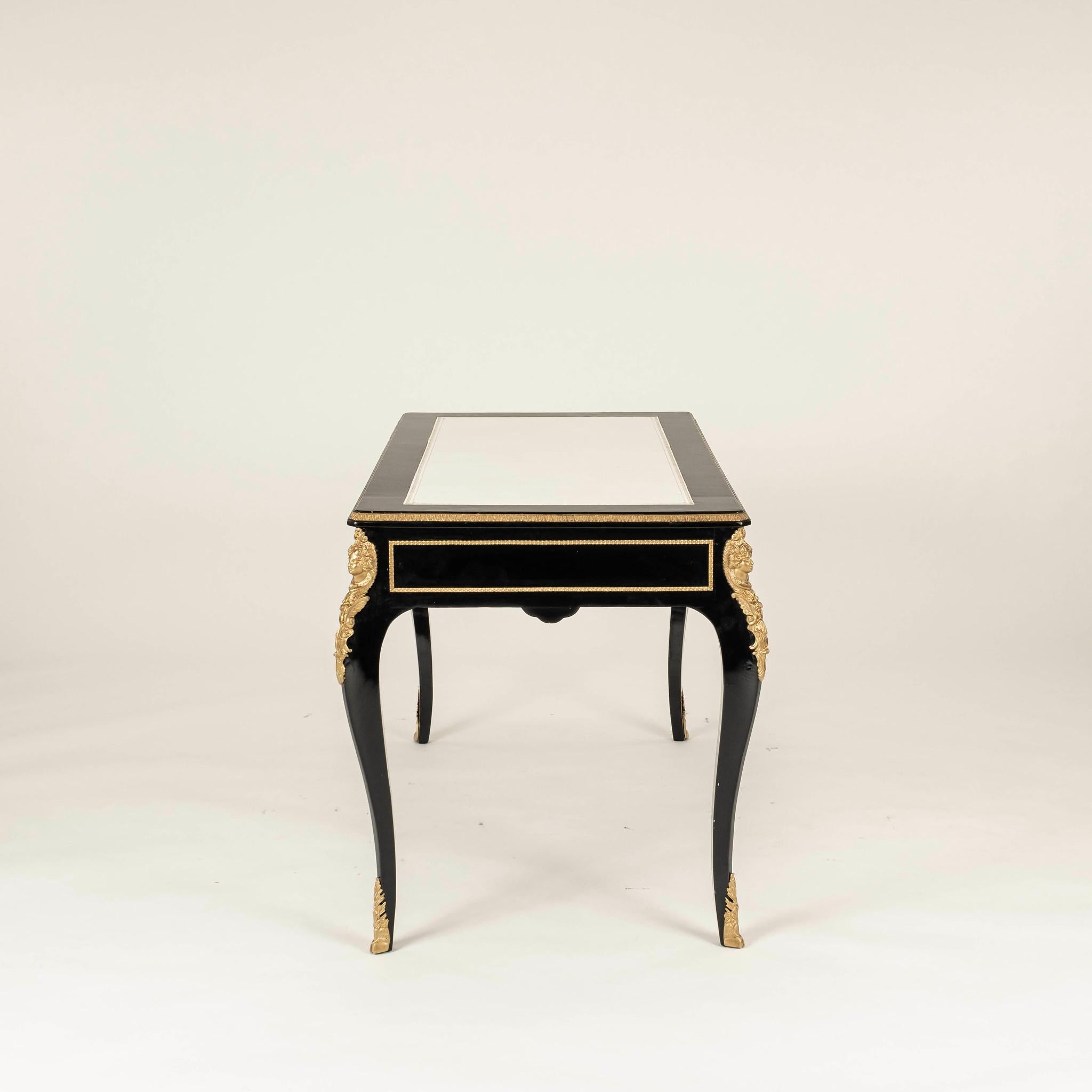 Brass 20th Century Regency Style Black Lacquered Desk For Sale