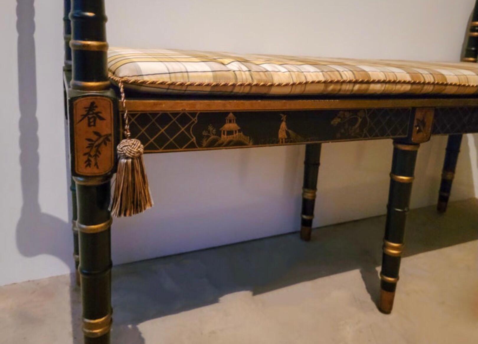 Upholstery 20th Century Regency Style Chinoiserie Painted Black and Gilt Lacquer Bench 