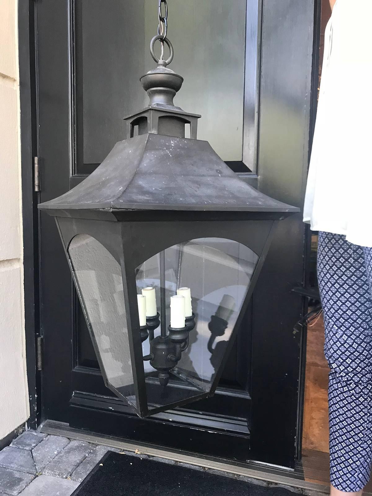 Glass 20th Century Regency Style Iron Lantern For Sale