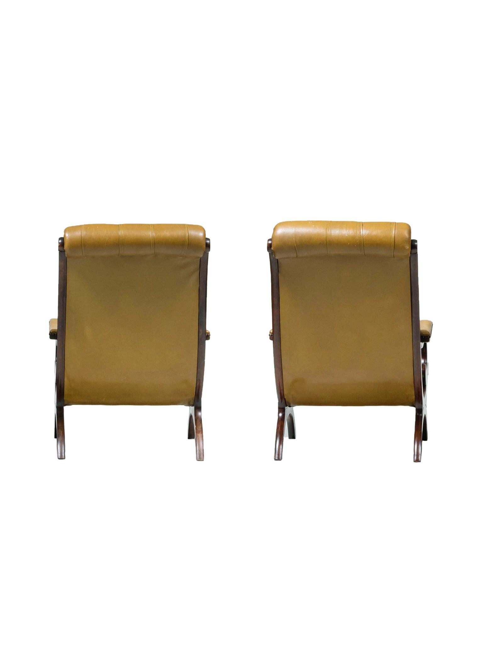 Metal 20th Century Regency Style Leather & Mahogany Armchairs, Pair For Sale