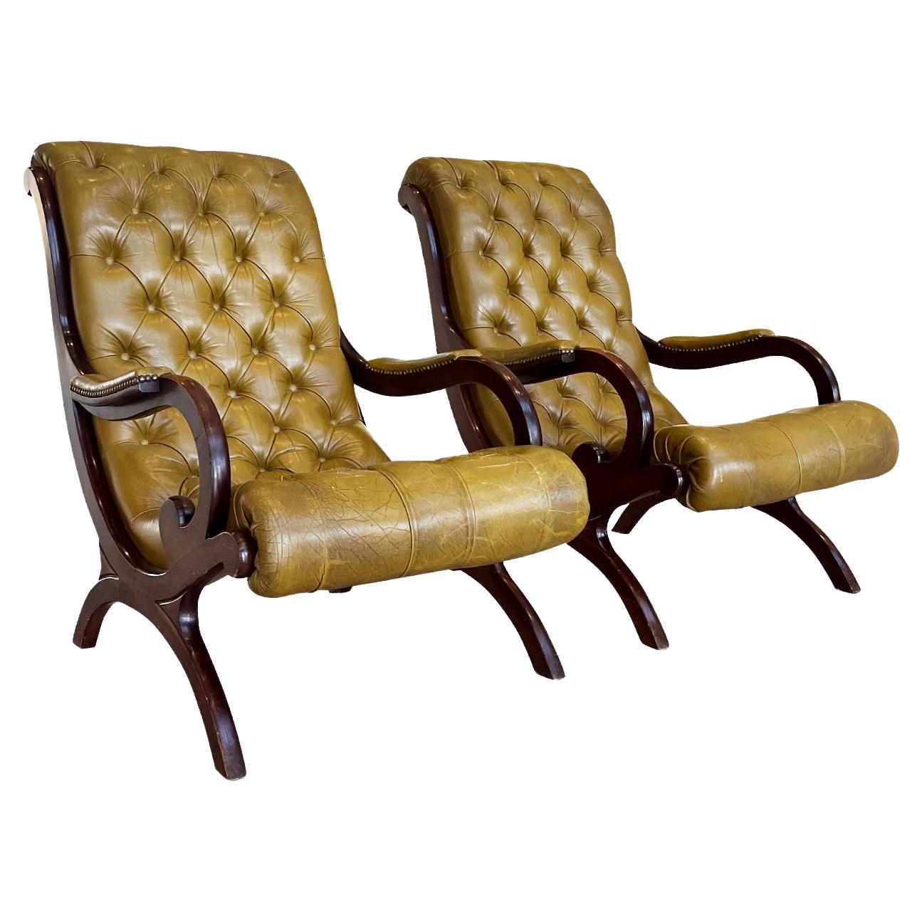 20th Century Regency Style Leather & Mahogany Armchairs, Pair For Sale