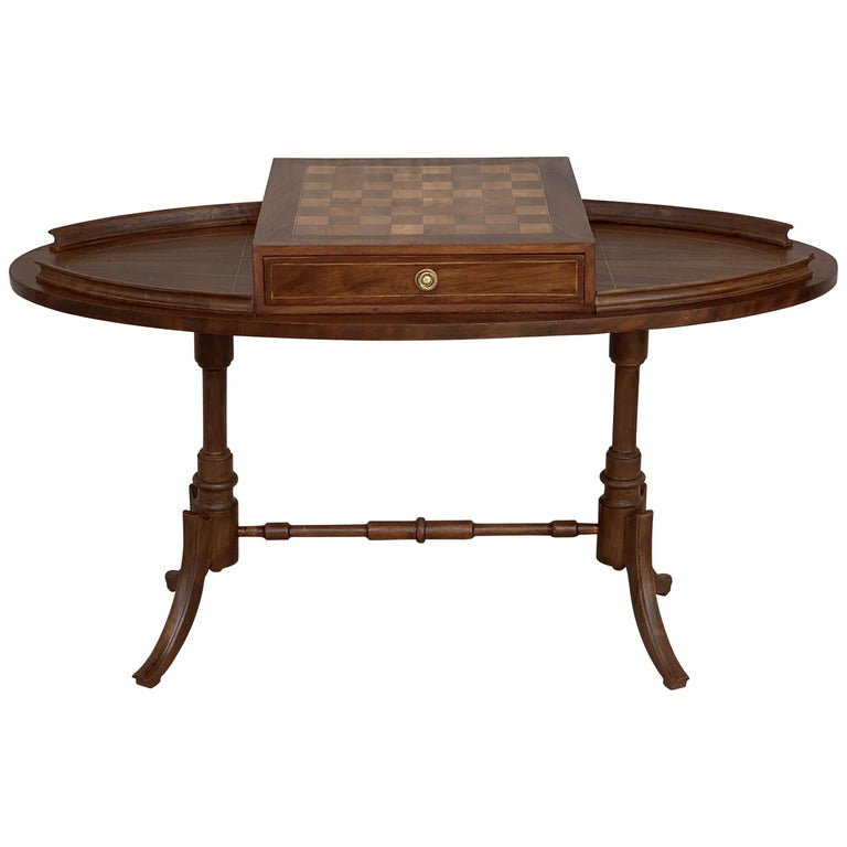 20th Century Regency Style Oval Walnut Chess Game Table with Two Drawers For Sale at 1stDibs