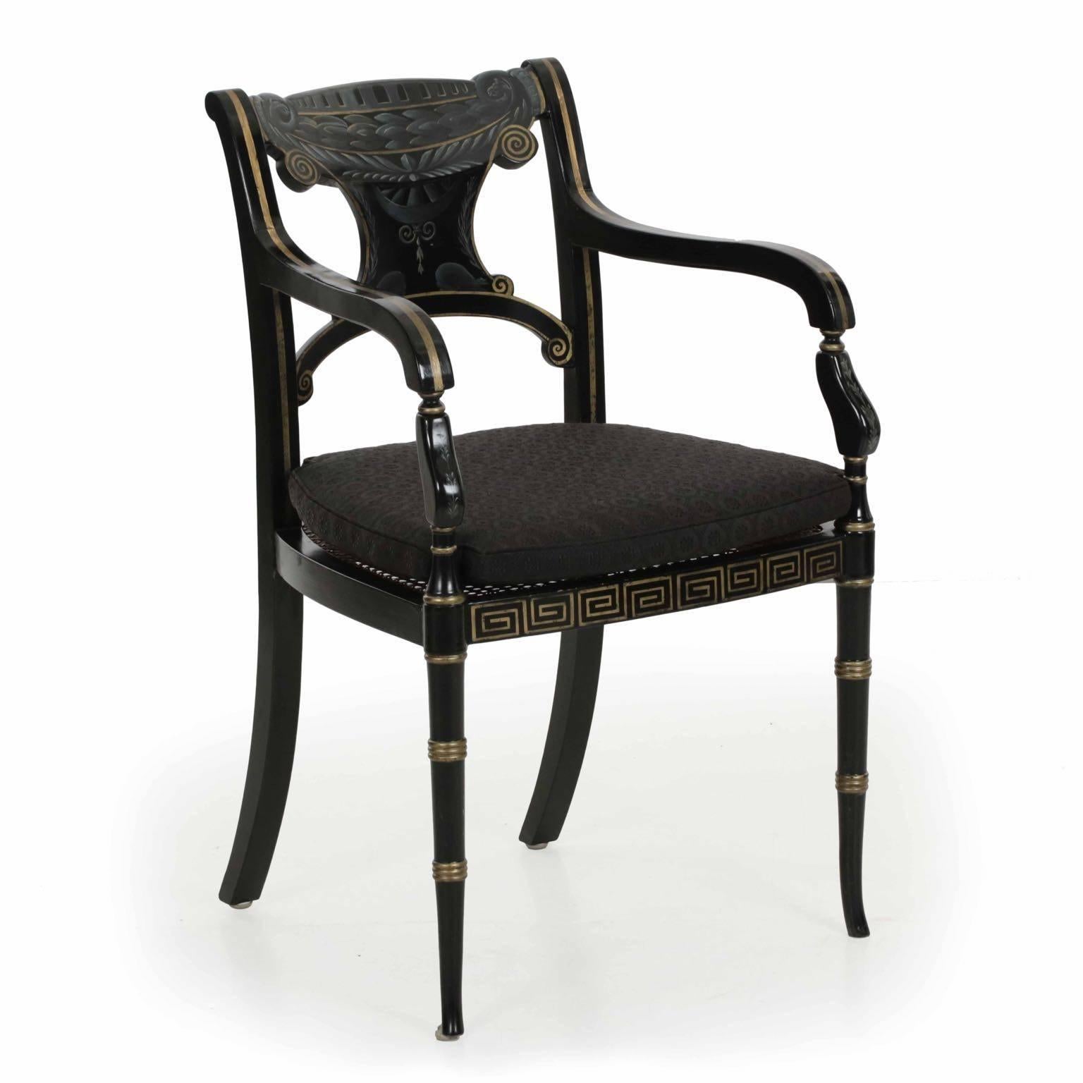 American 20th Century Regency Style Paint Decorated and Black Ebonized Antique Armchair