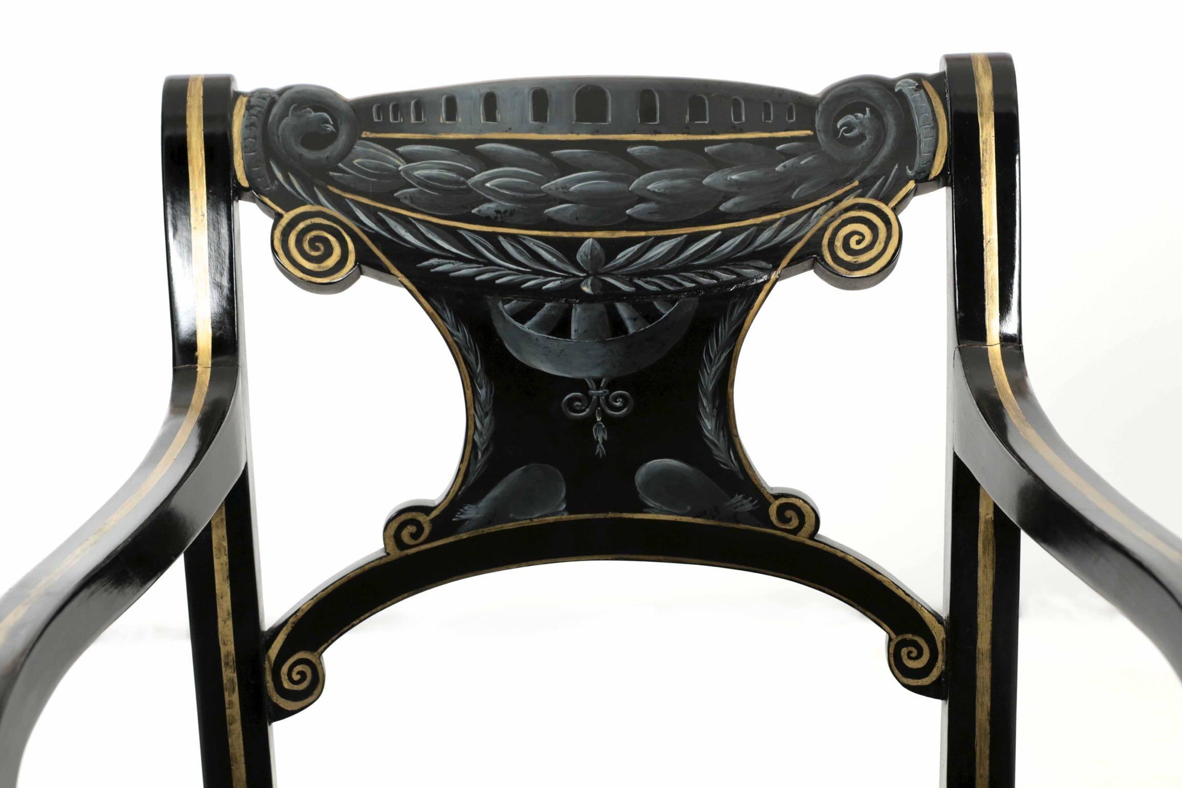 Cane 20th Century Regency Style Paint Decorated and Black Ebonized Antique Armchair