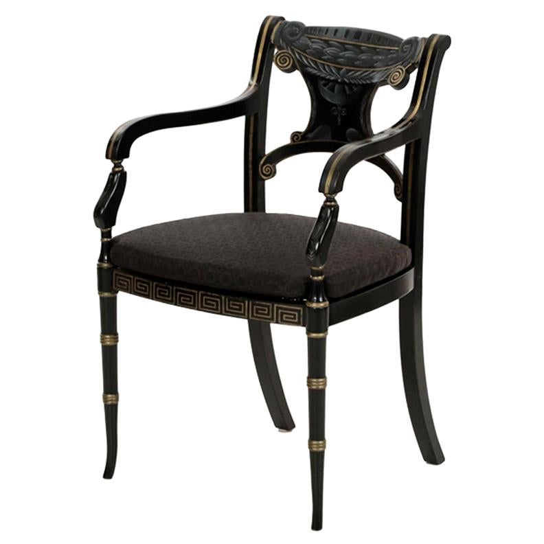 20th Century Regency Style Paint Decorated and Black Ebonized Antique Armchair