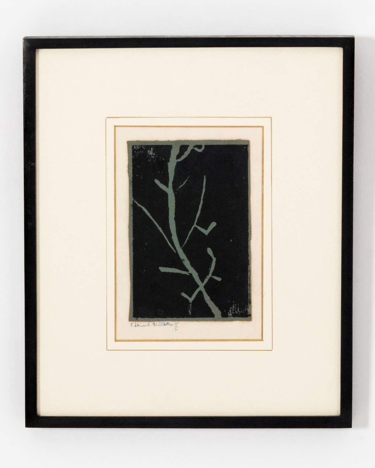 A collection of 20th century relief prints of abstract compositions. Features four different abstract compositions of organic shapes, newly framed and matted in high gloss dark gray wood frame.
The work of a branch is rendered against a black