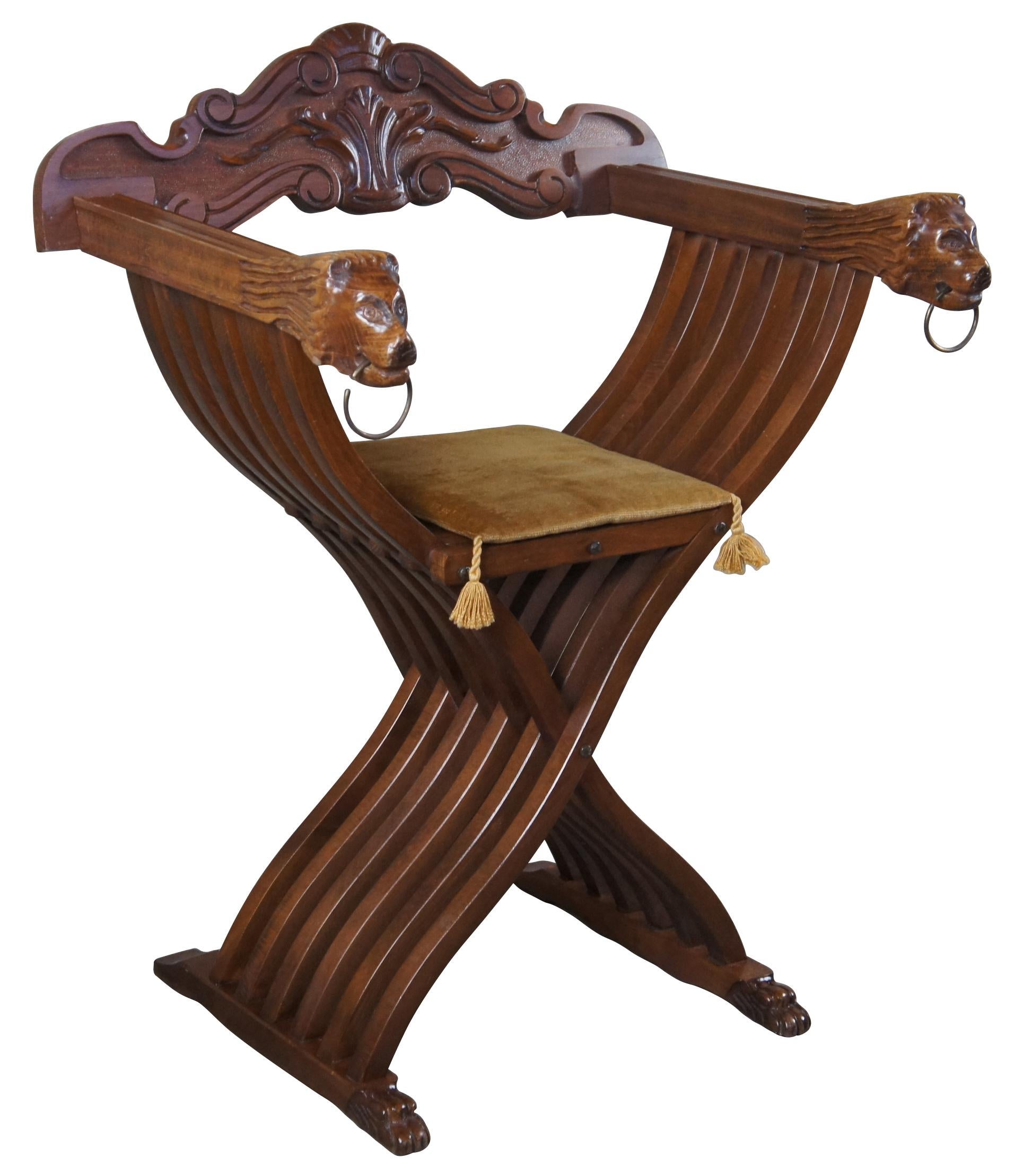 Unknown 20th Century Renaissance Revival Savonarola x Folding Lion Head Throne Armchair For Sale