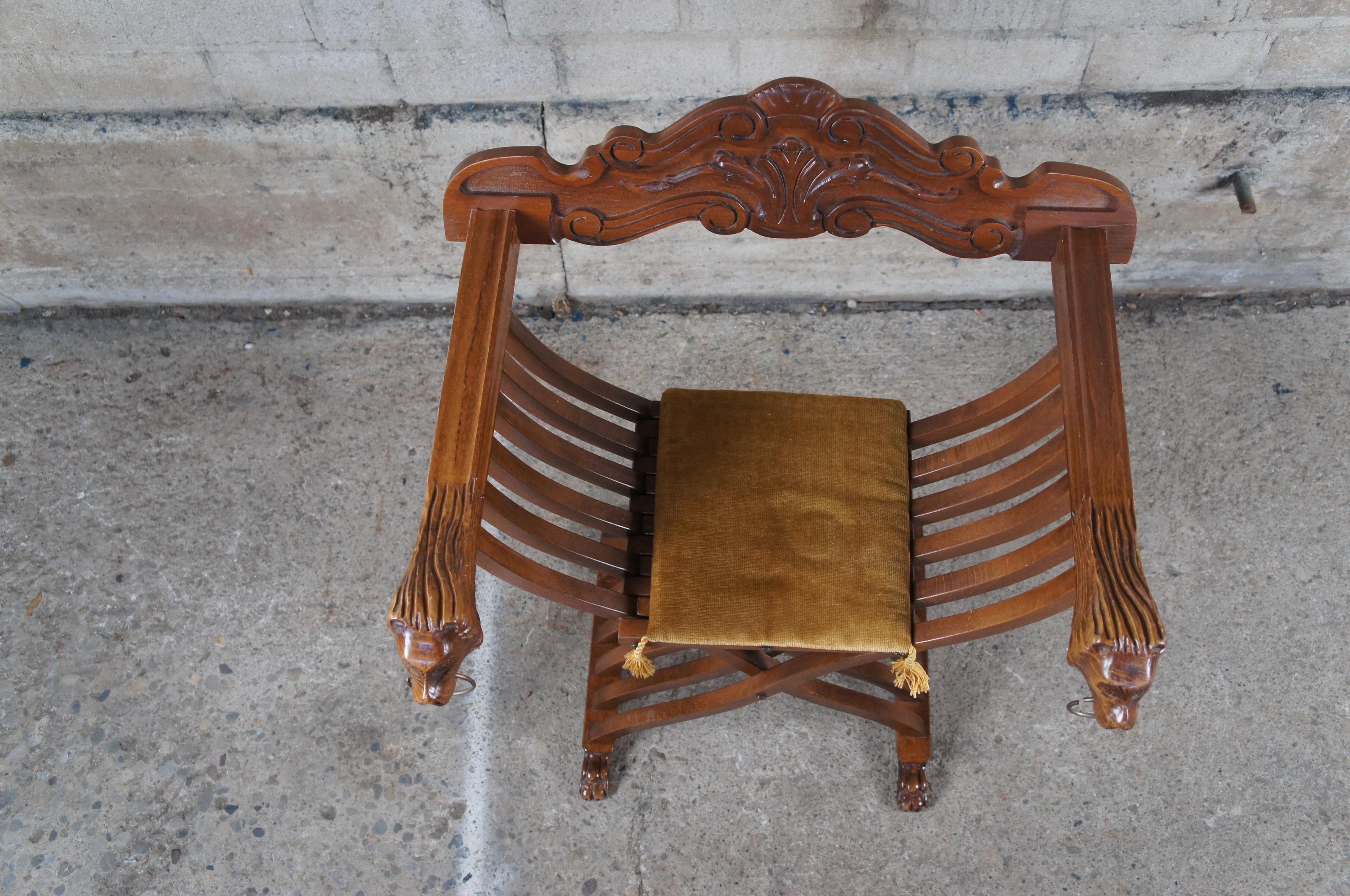 20th Century Renaissance Revival Savonarola x Folding Lion Head Throne Armchair In Good Condition For Sale In Dayton, OH
