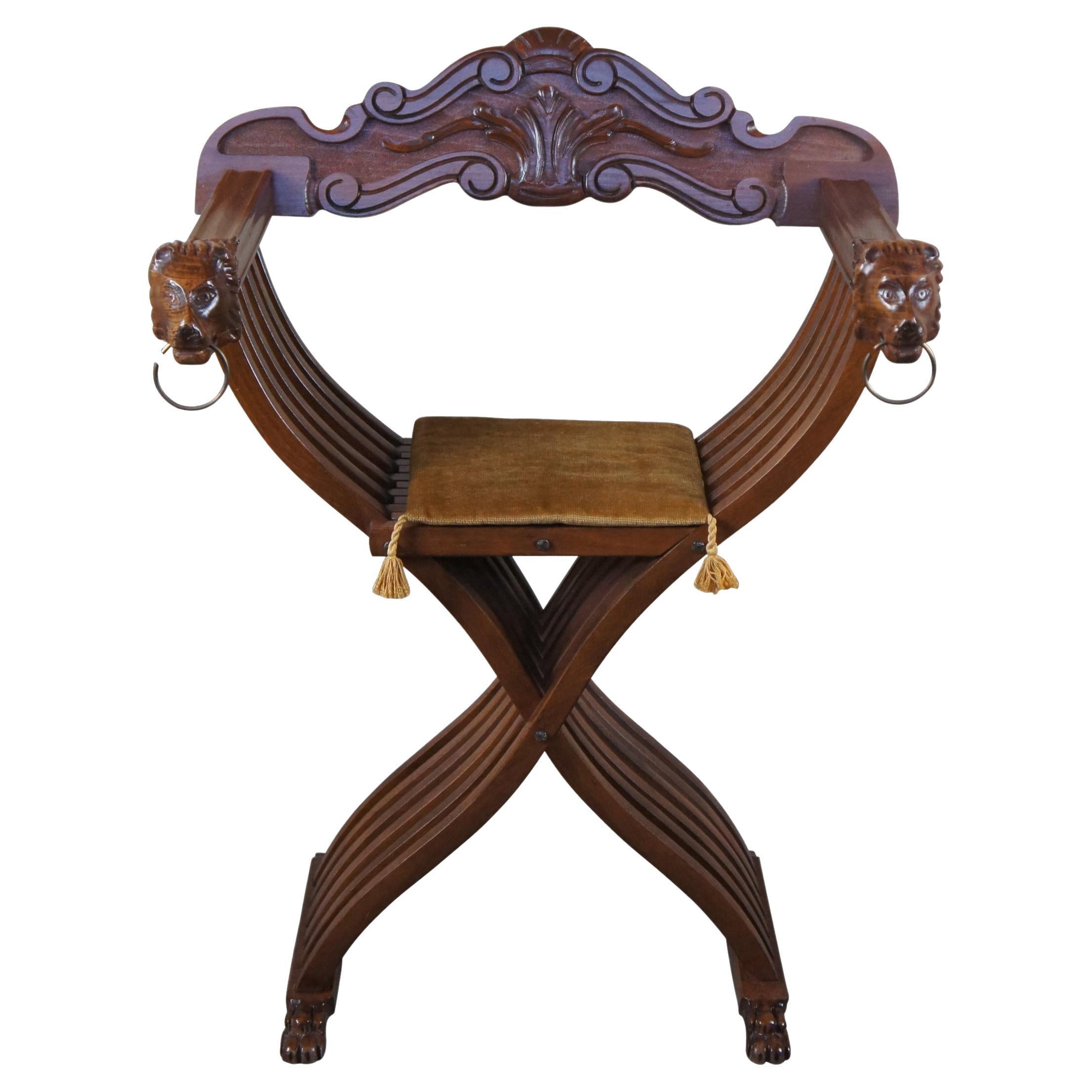 20th Century Renaissance Revival Savonarola x Folding Lion Head Throne Armchair For Sale