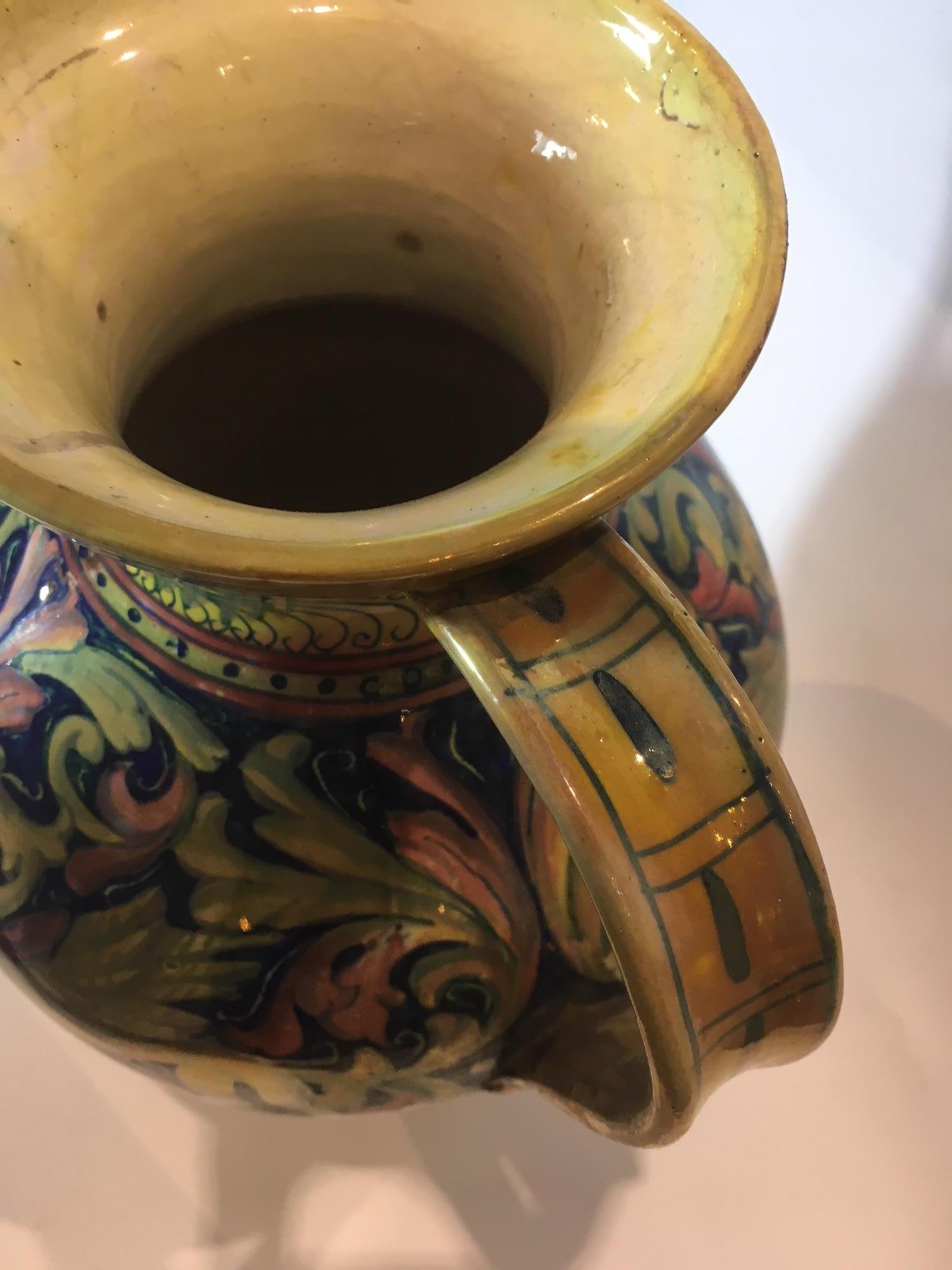 Polished 20th Century Renaissence Revival Polychrome Drawings Pottery Gualdo Tadino Vase For Sale