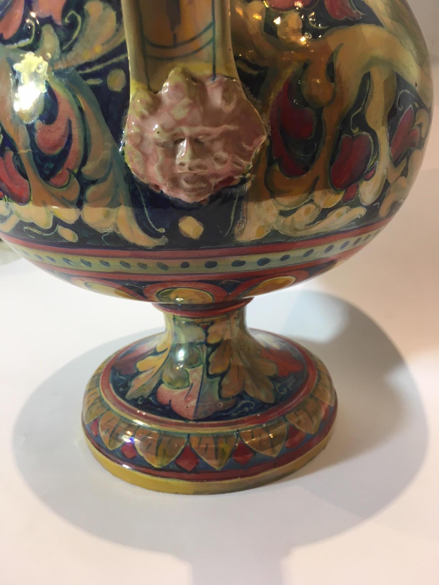 Ceramic 20th Century Renaissence Revival Polychrome Drawings Pottery Gualdo Tadino Vase For Sale
