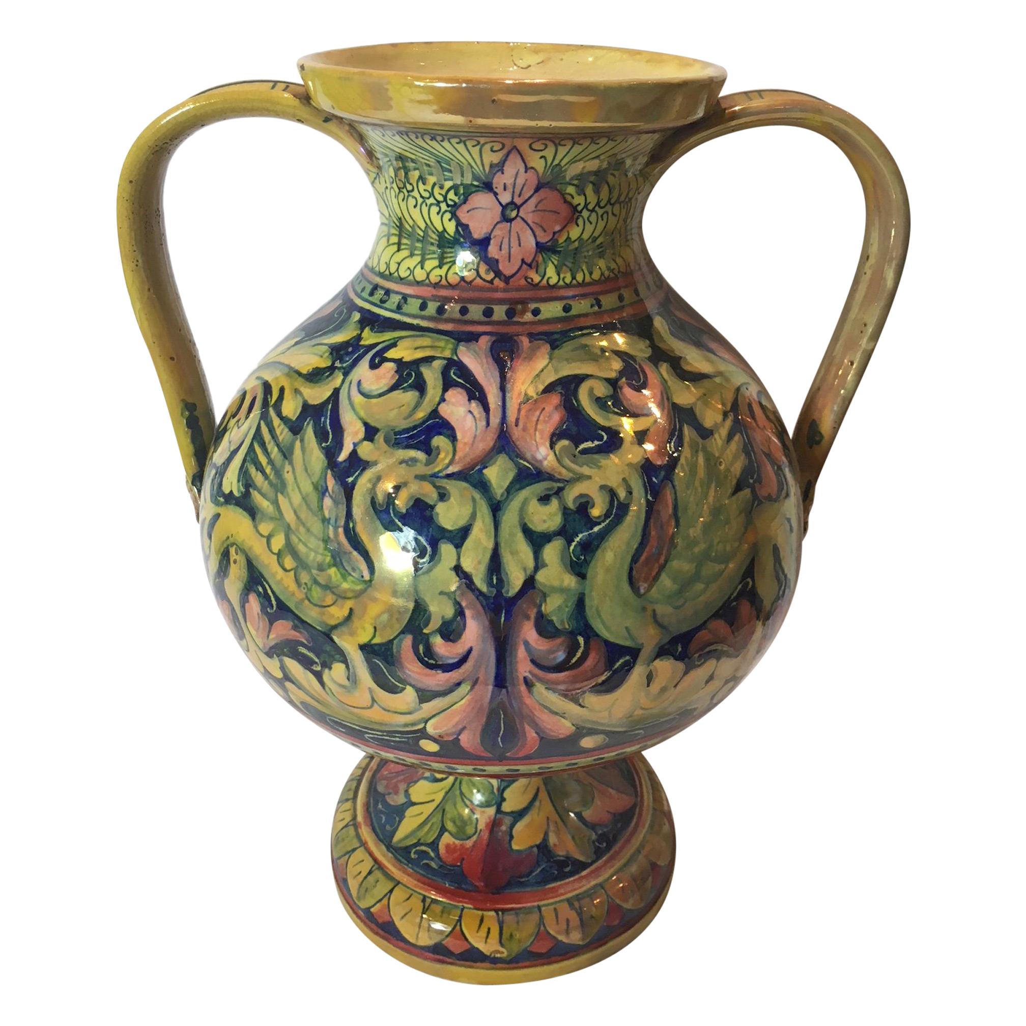 20th Century Renaissence Revival Polychrome Drawings Pottery Gualdo Tadino Vase For Sale