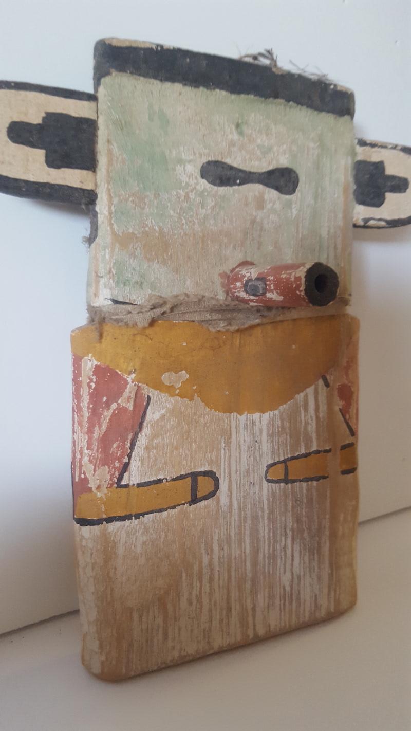 This traditional style Hopi Kachina doll (in it's simplest form) is one of several I have collected since 1982 by this Kachina creator whose name is unknown to me. It is made of Cottonwood and painted with a similar paint as is found on vintage