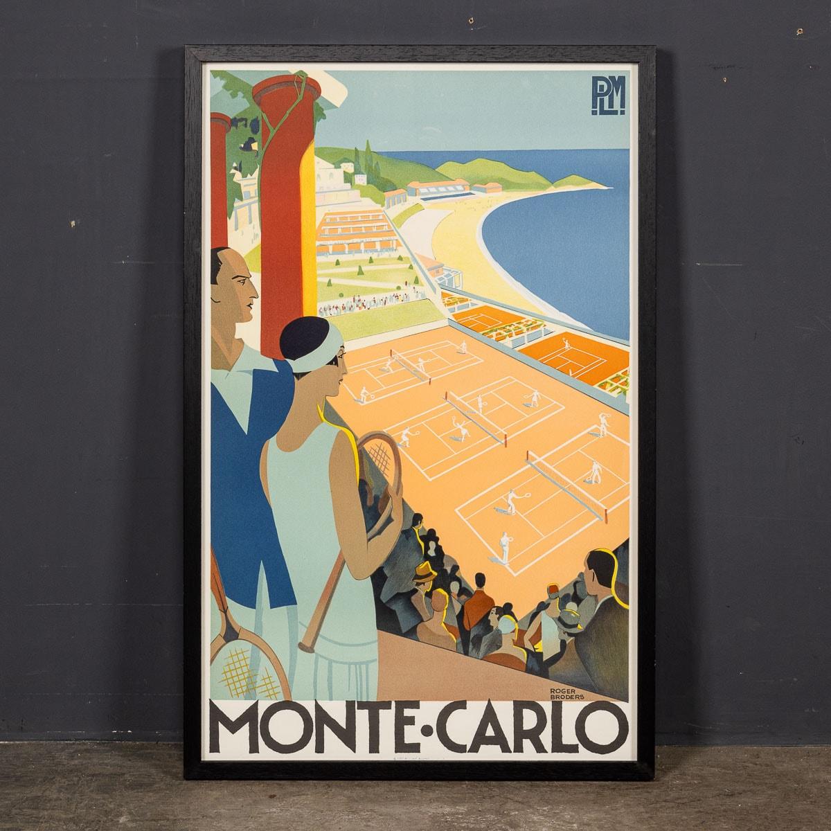 A reprint (1983) of the 1930 original travel poster for PLM railway services by Roger Broders. These posters were commissioned by the railway to promote the Mediterranean coastline. This print has been framed in a simple black wooden frame and is