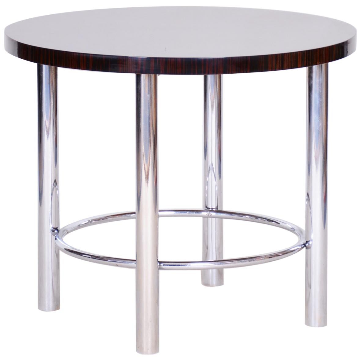 Table Bauhaus ronde en chrome restaurée du 20ème siècle en Macassar, Mcke-Melder, années 1930