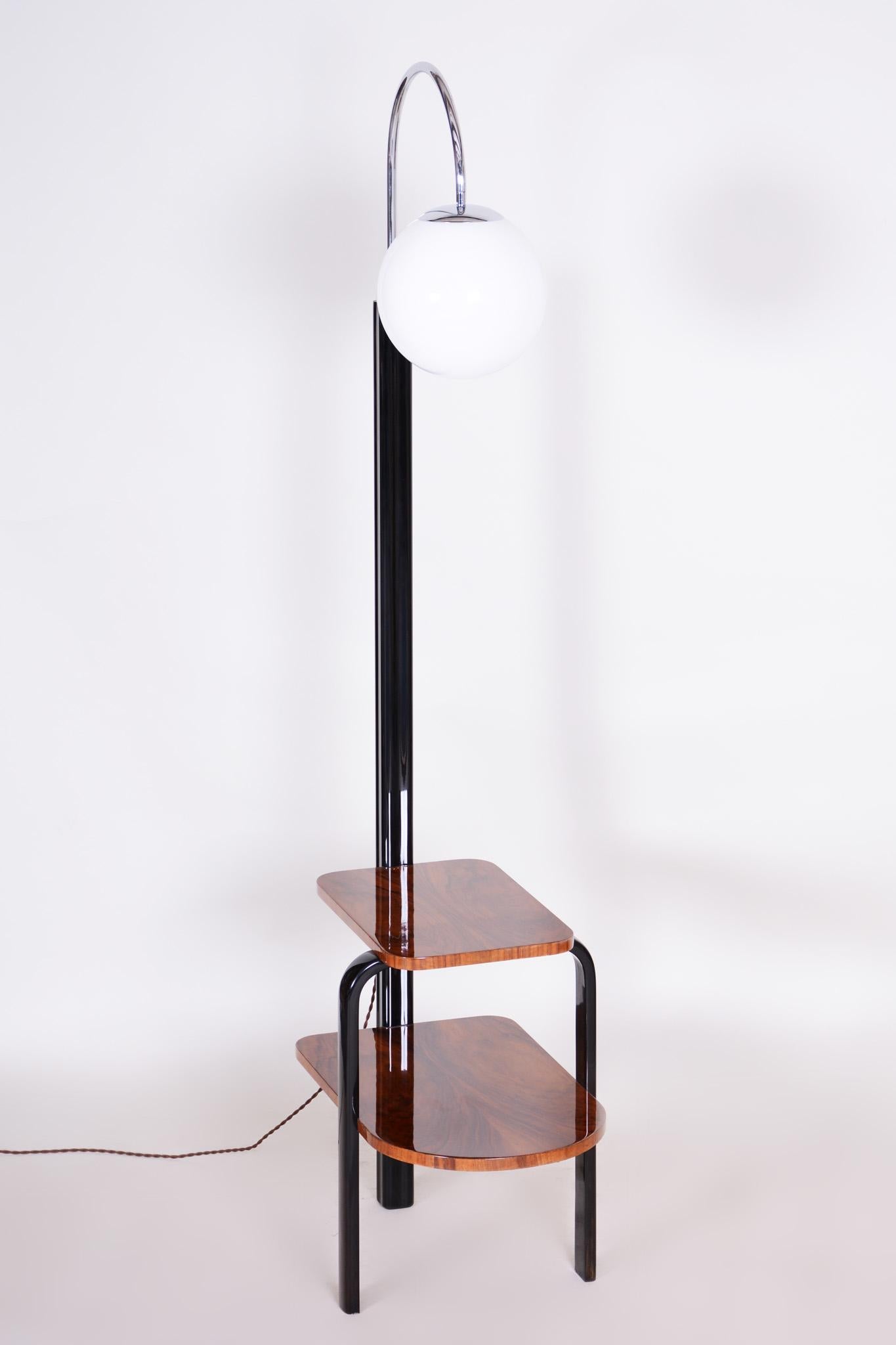 20th Century Restored Czech Art Deco Walnut Chrome Floor Lamp, Milk Glass, 1920s 3