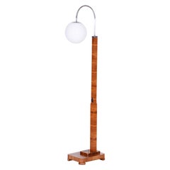 20th Century Restored Czech Art Deco Walnut Chrome Floor Lamp, Milk glass, 1920s