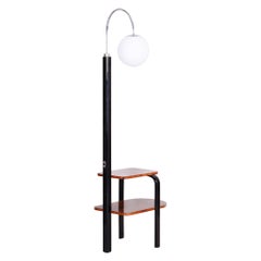 20th Century Restored Czech Art Deco Walnut Chrome Floor Lamp, Milk Glass, 1920s
