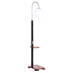 20th Century Restored Czech Art Deco Walnut Chrome Floor Lamp, Milk Glass, 1920s