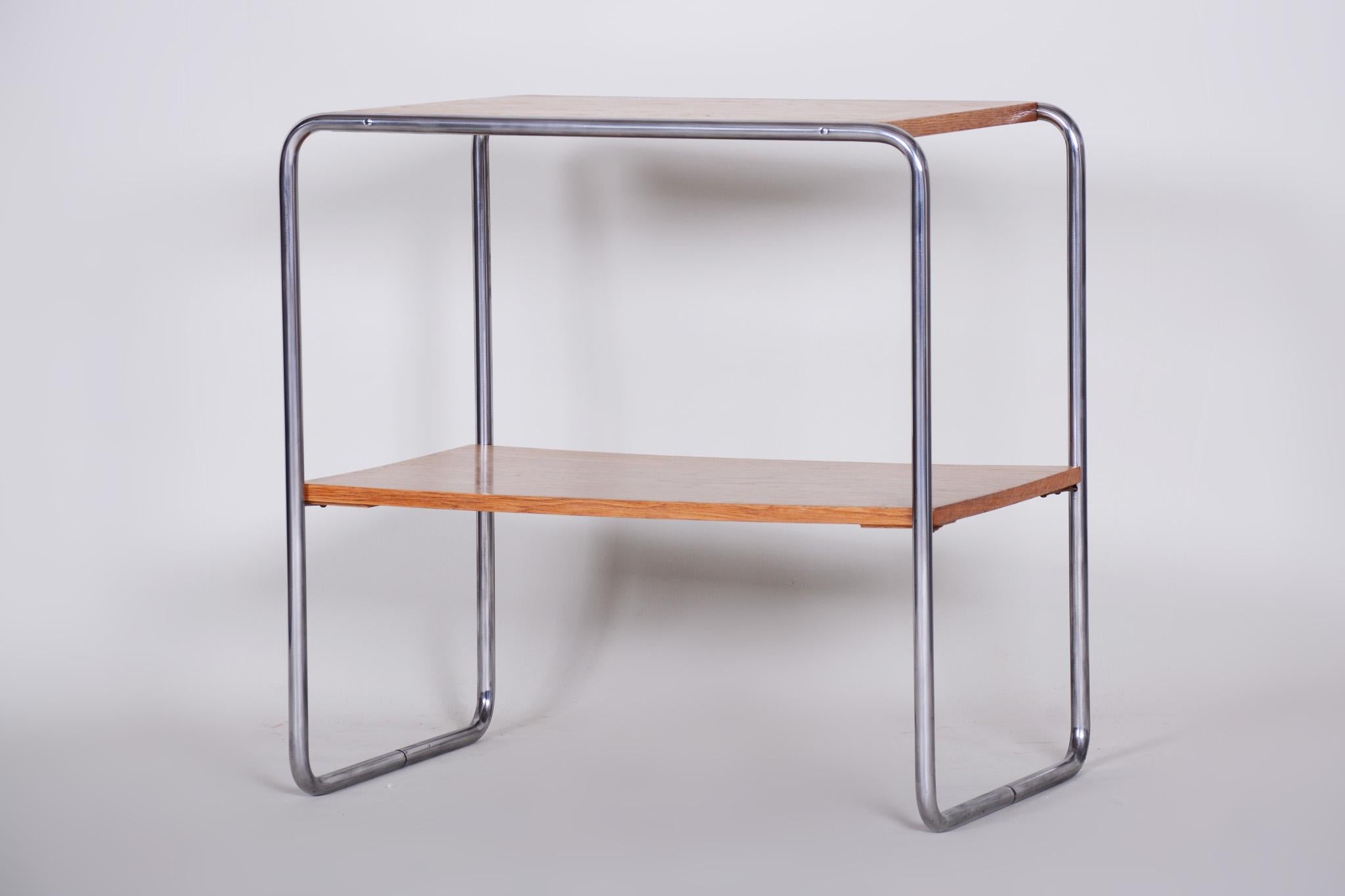 20th Century Restored Czech Bauhaus Chrome Small Table, Oakwood, 1930s In Good Condition For Sale In Horomerice, CZ