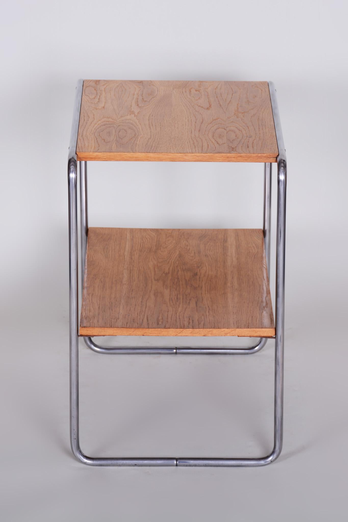 20th Century Restored Czech Bauhaus Chrome Small Table, Oakwood, 1930s For Sale 1