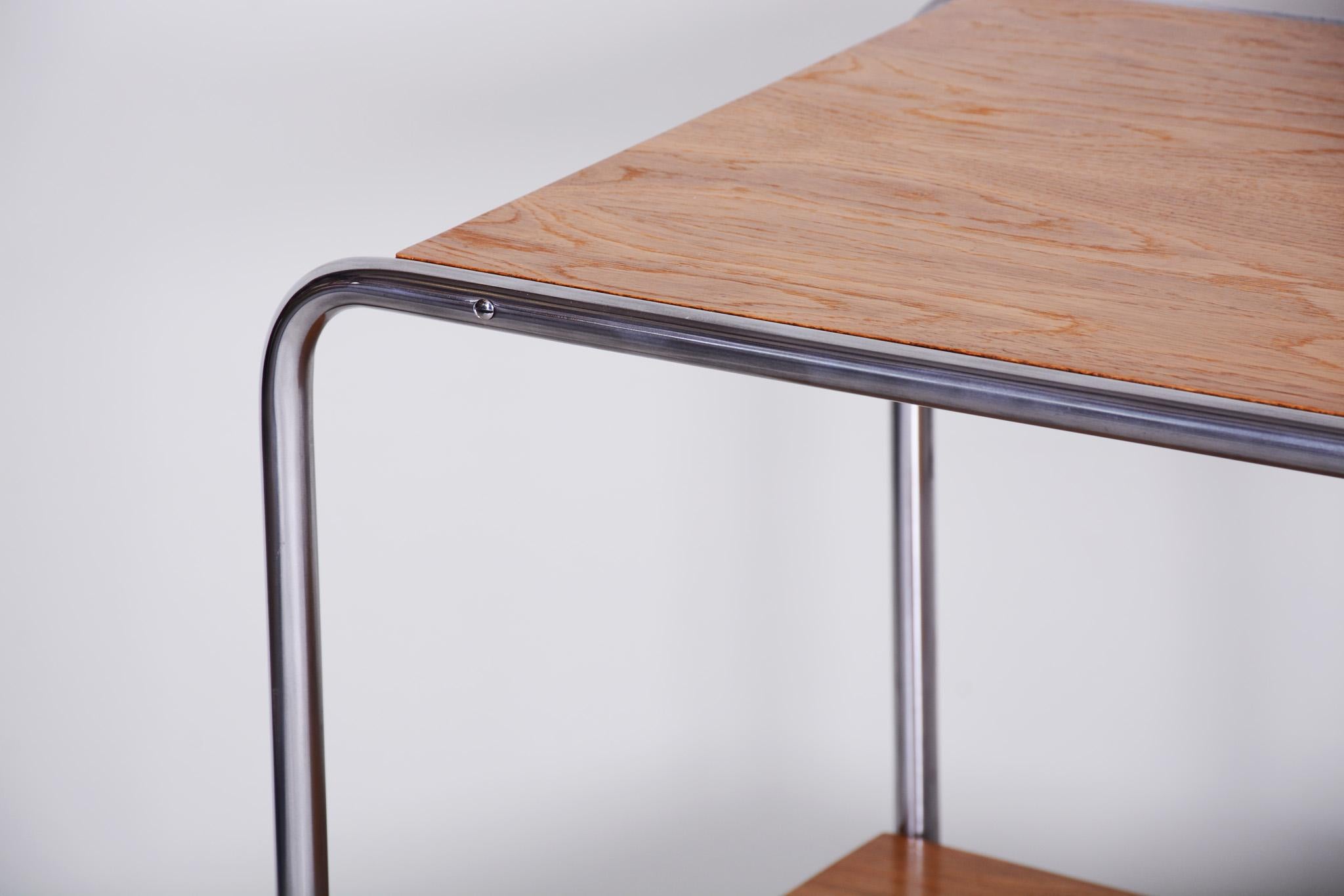 20th Century Restored Czech Bauhaus Chrome Small Table, Oakwood, 1930s For Sale 3