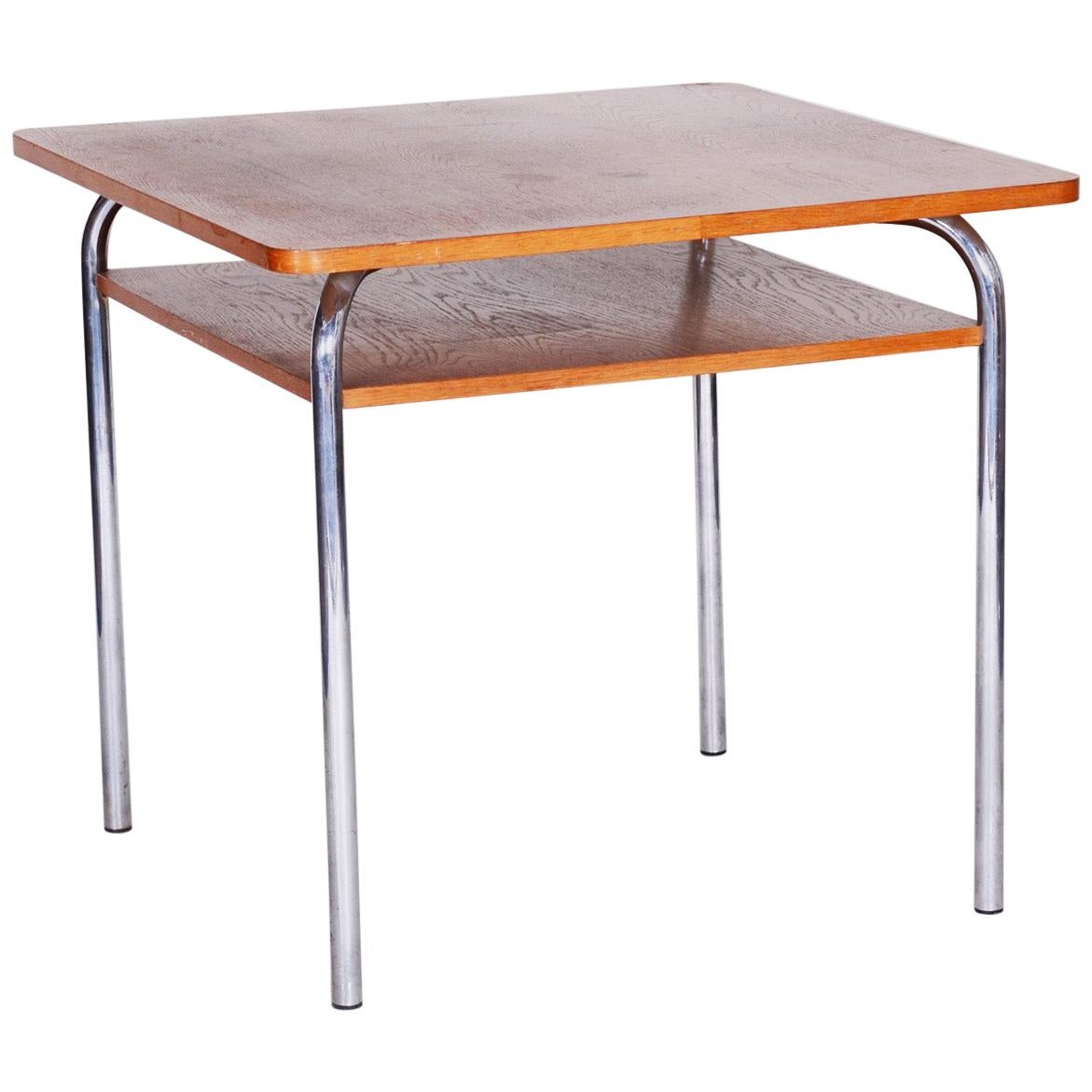 20th Century Restored Czech Oak Bauhaus Table by Vichr a Spol, Chrome, 1940s For Sale