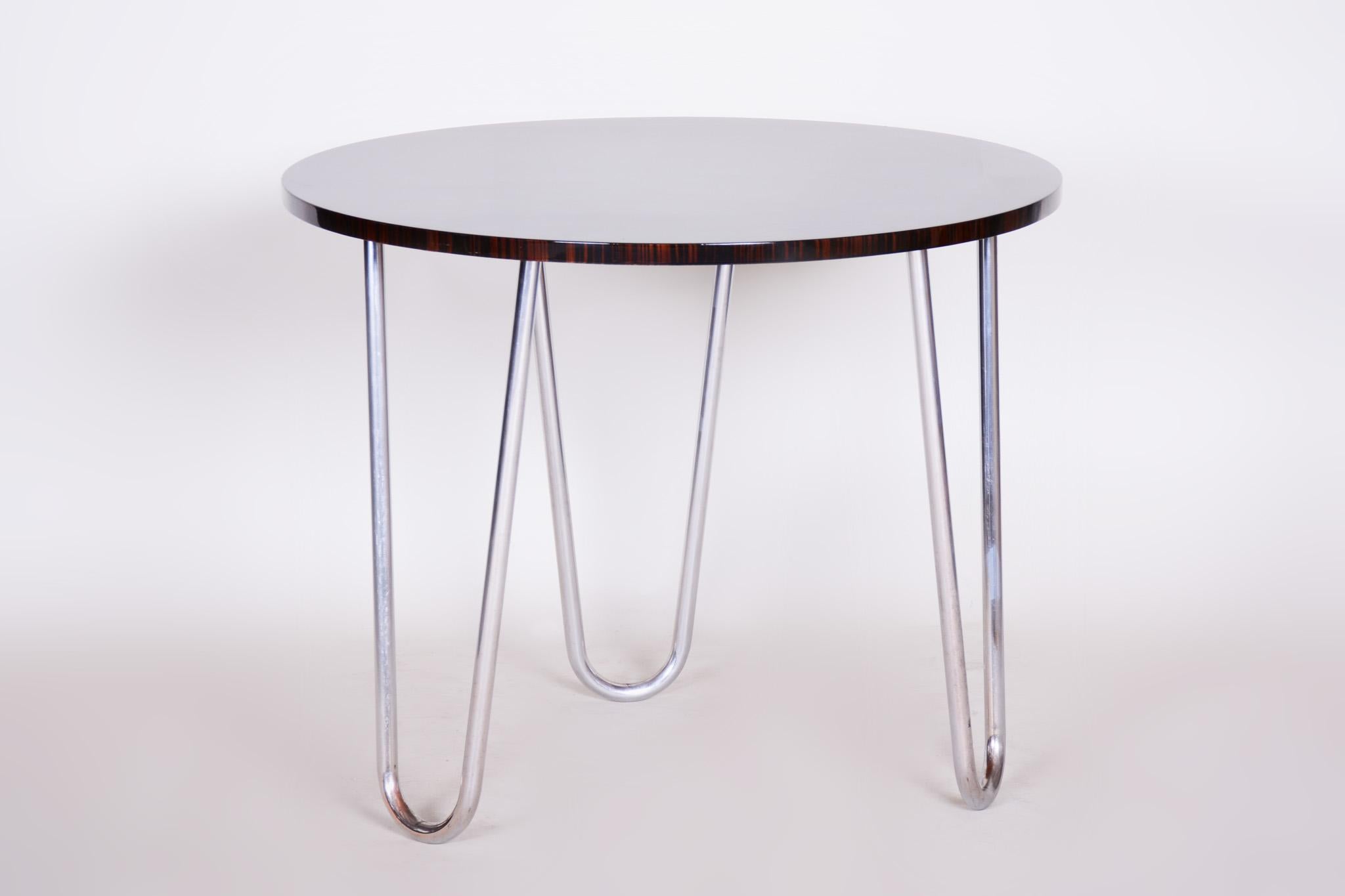 20th Century Restored Rounded Macassar Bauhaus Table, Chrome-Plated Steel, 1930s For Sale 3