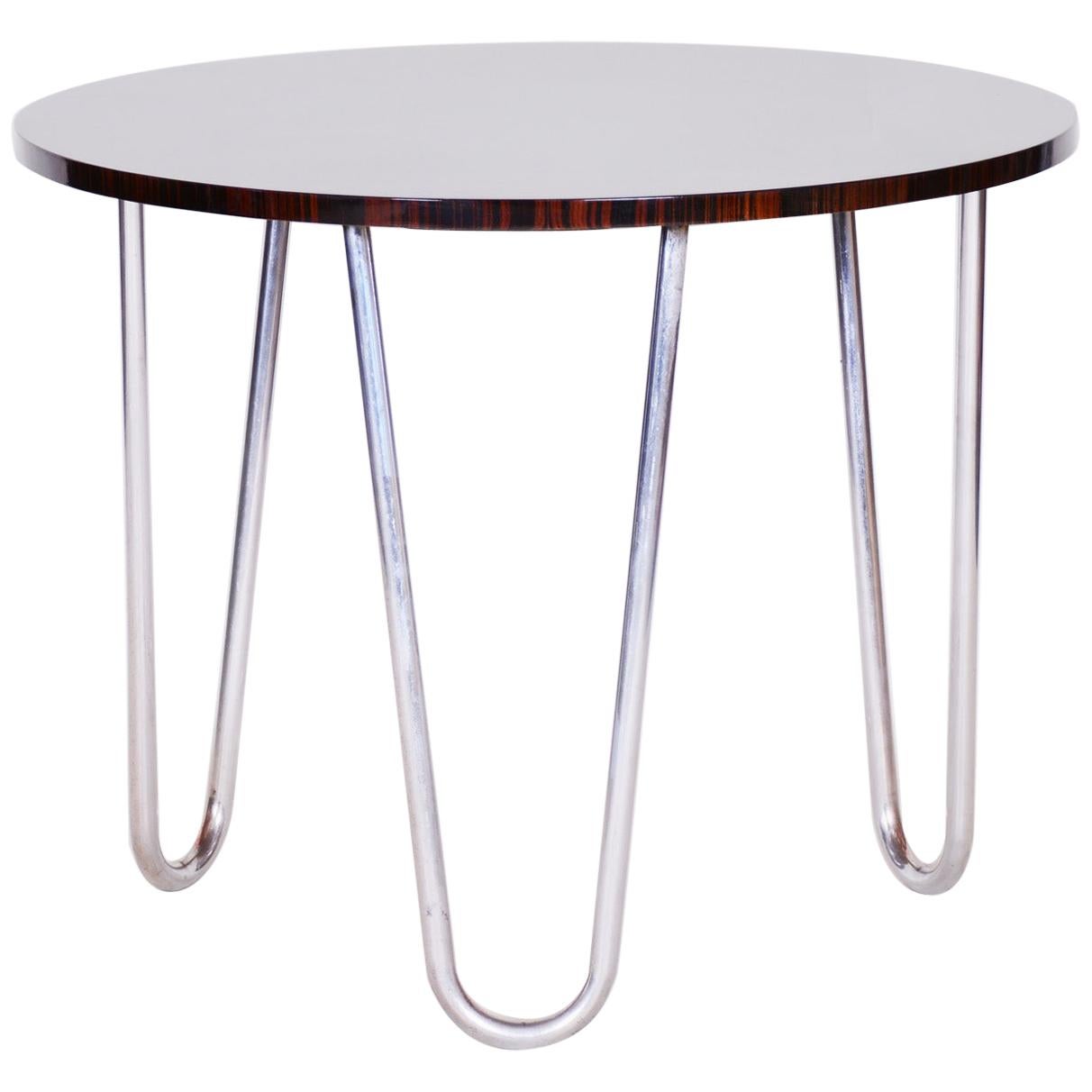 20th Century Restored Rounded Macassar Bauhaus Table, Chrome-Plated Steel, 1930s For Sale