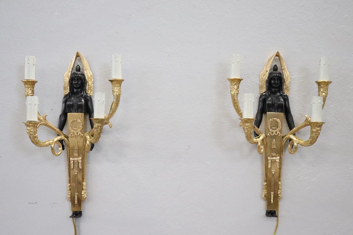 Italian 20th Century Retour D’egypte Style Pair of Sconces in Gilded Bronze For Sale