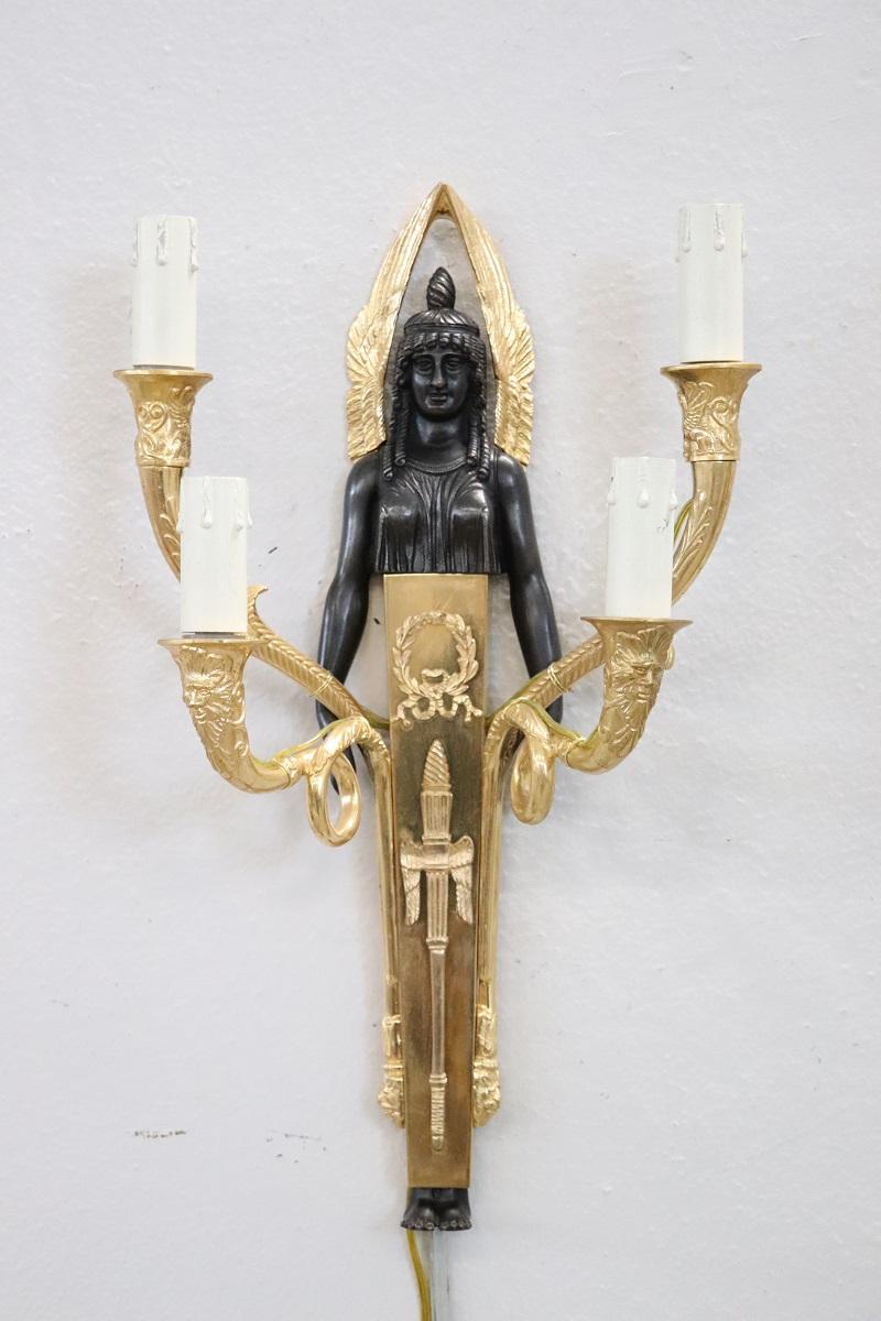 Gilt 20th Century Retour D’egypte Style Pair of Sconces in Gilded Bronze For Sale