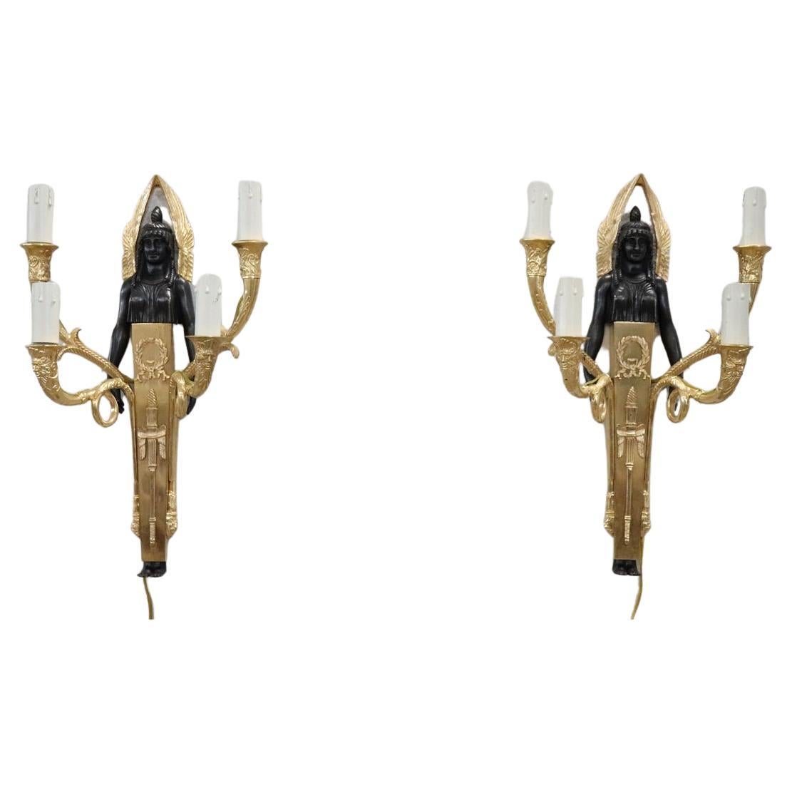 20th Century Retour D’egypte Style Pair of Sconces in Gilded Bronze For Sale