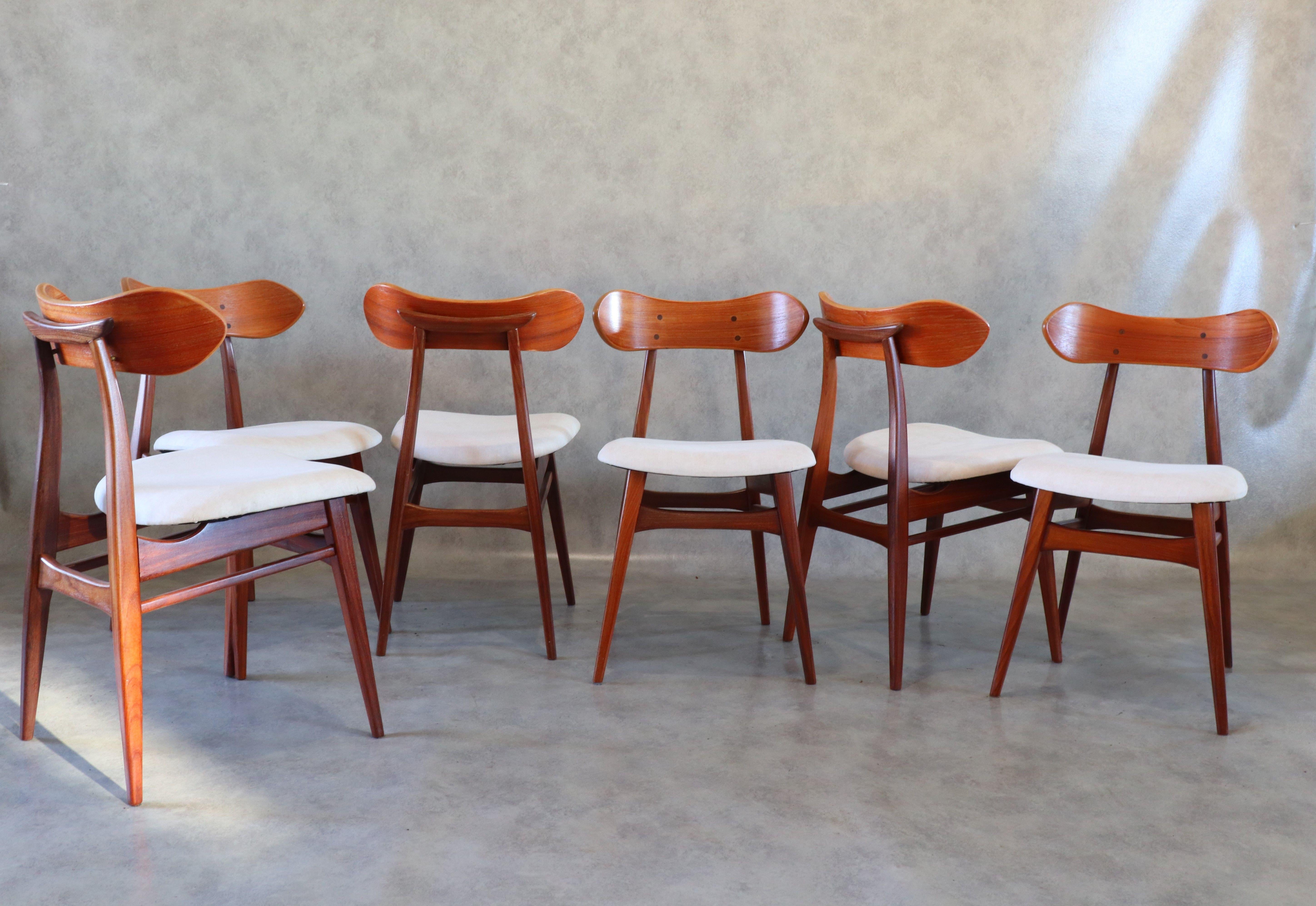 These rare Louis Van Teeffelen chairs belong to the Kastrup bedroom and are also used as dining room chairs. They are made of teak wood and covered with a new light beige fabric.