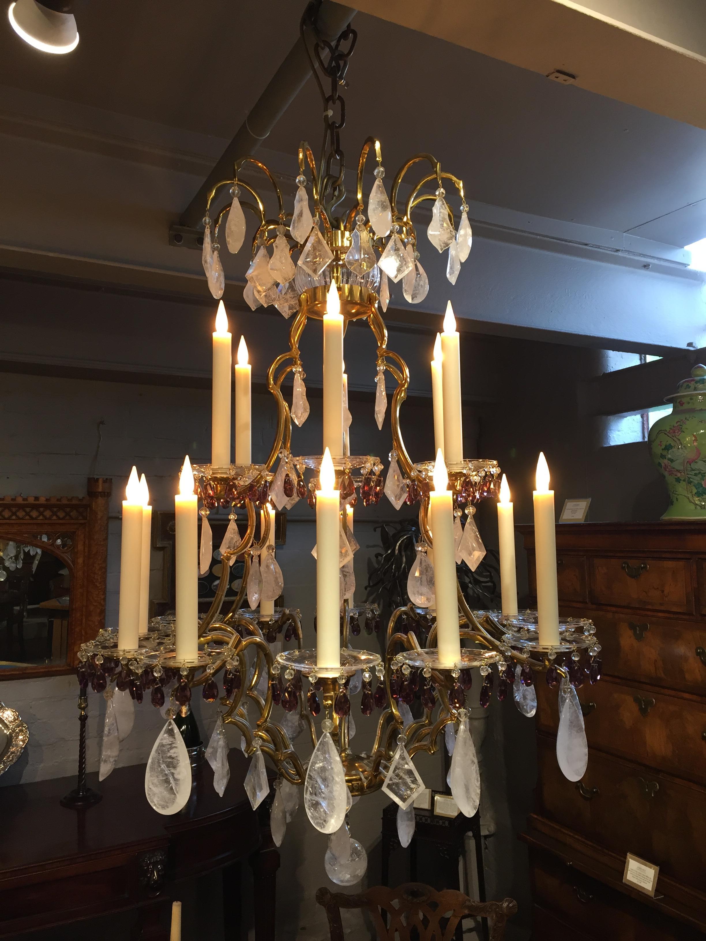 Brass 20th Century Rock Crystal and Amethyst Glass Eighteen-Light Chandelier  For Sale