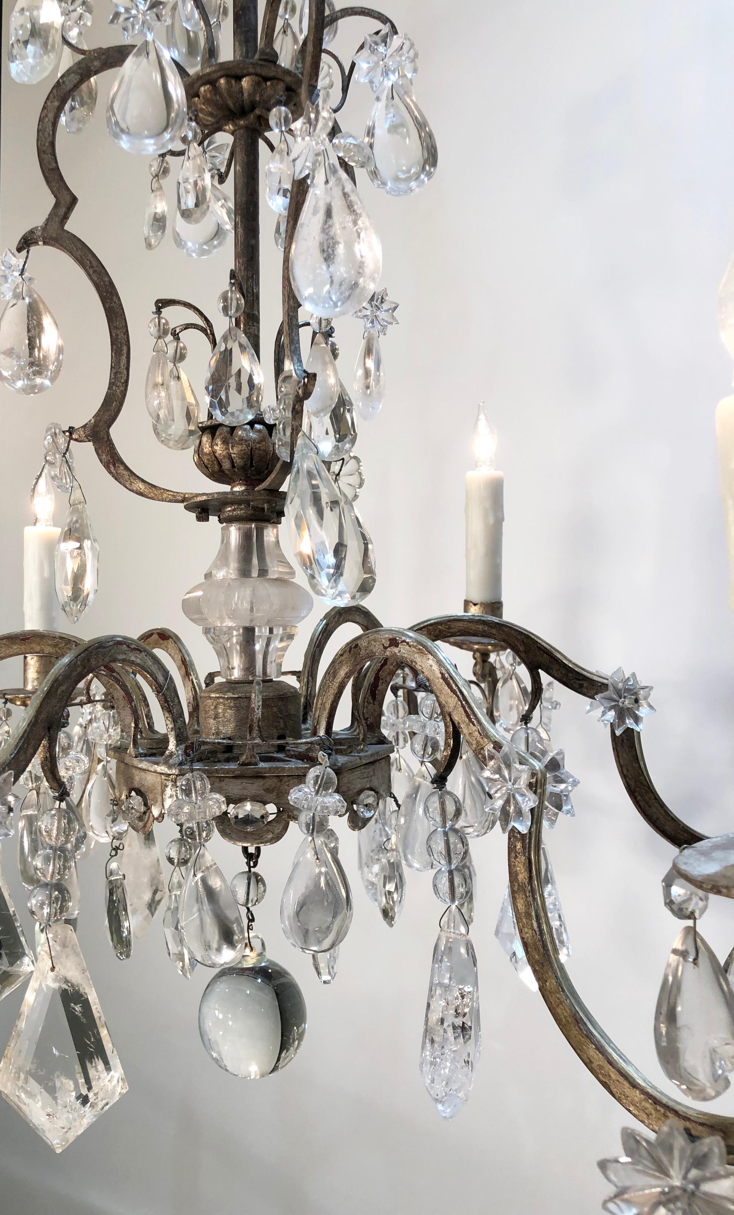 Chinoiserie 20th Century Rock Crystal and Silver Leaf Italian Chandelier