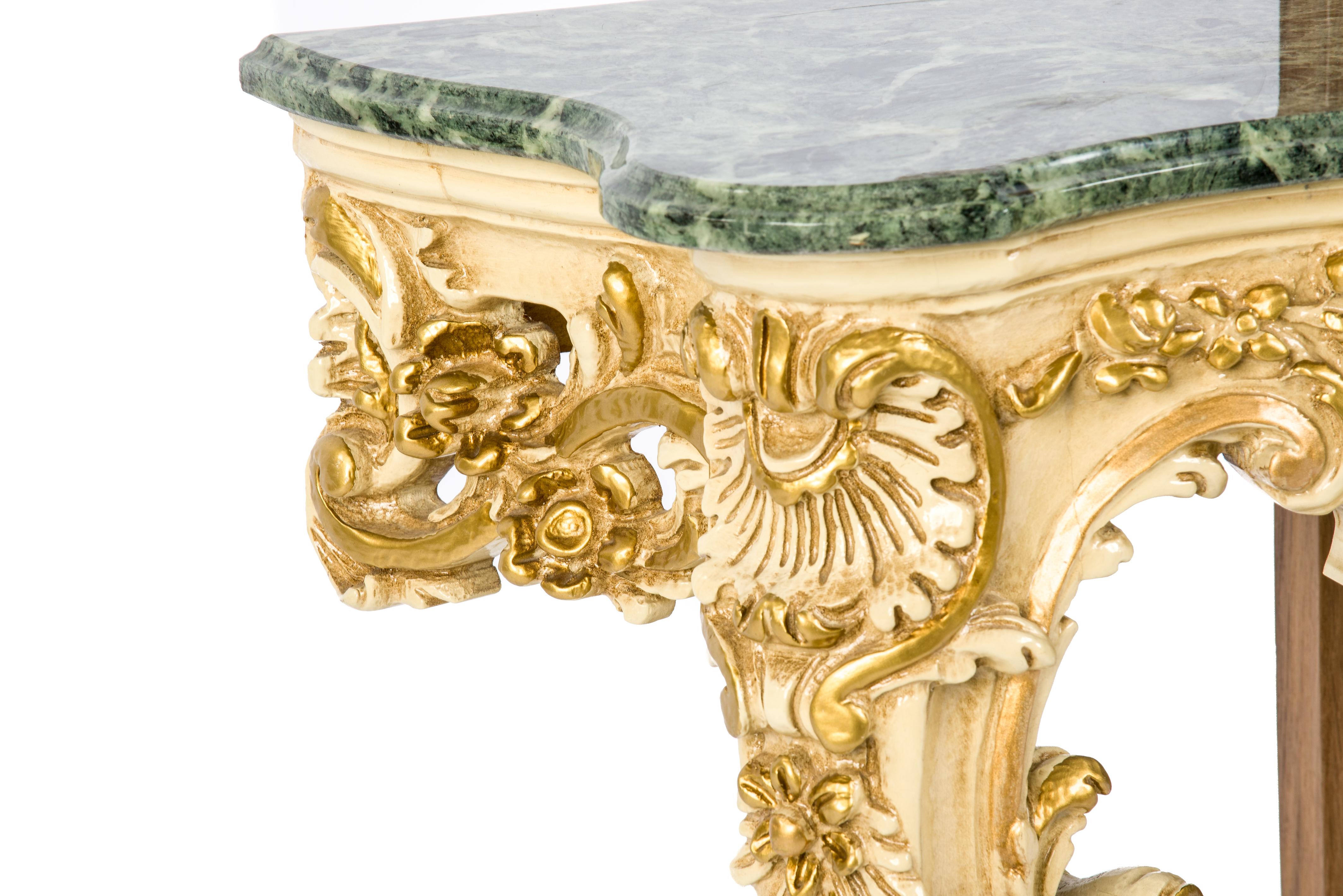 Mirror 20th century Rococo carved giltwood and paint Italian consoles with mirror For Sale
