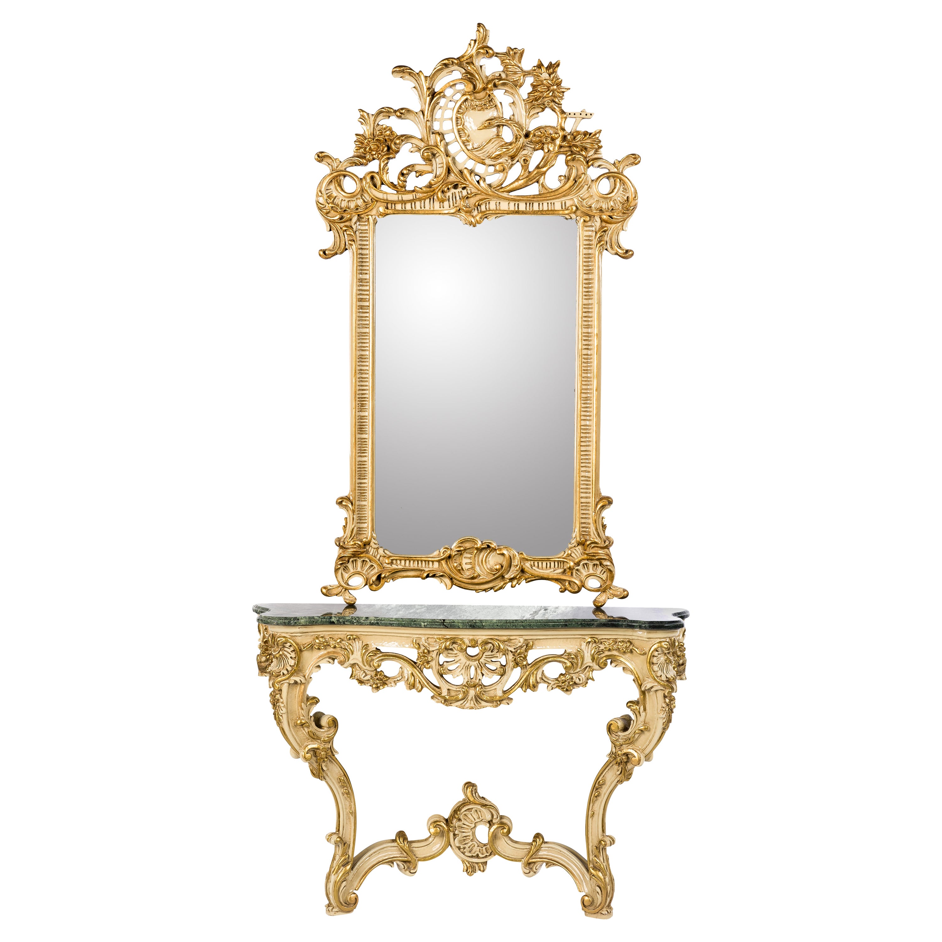 20th century Rococo carved giltwood and paint Italian consoles with mirror