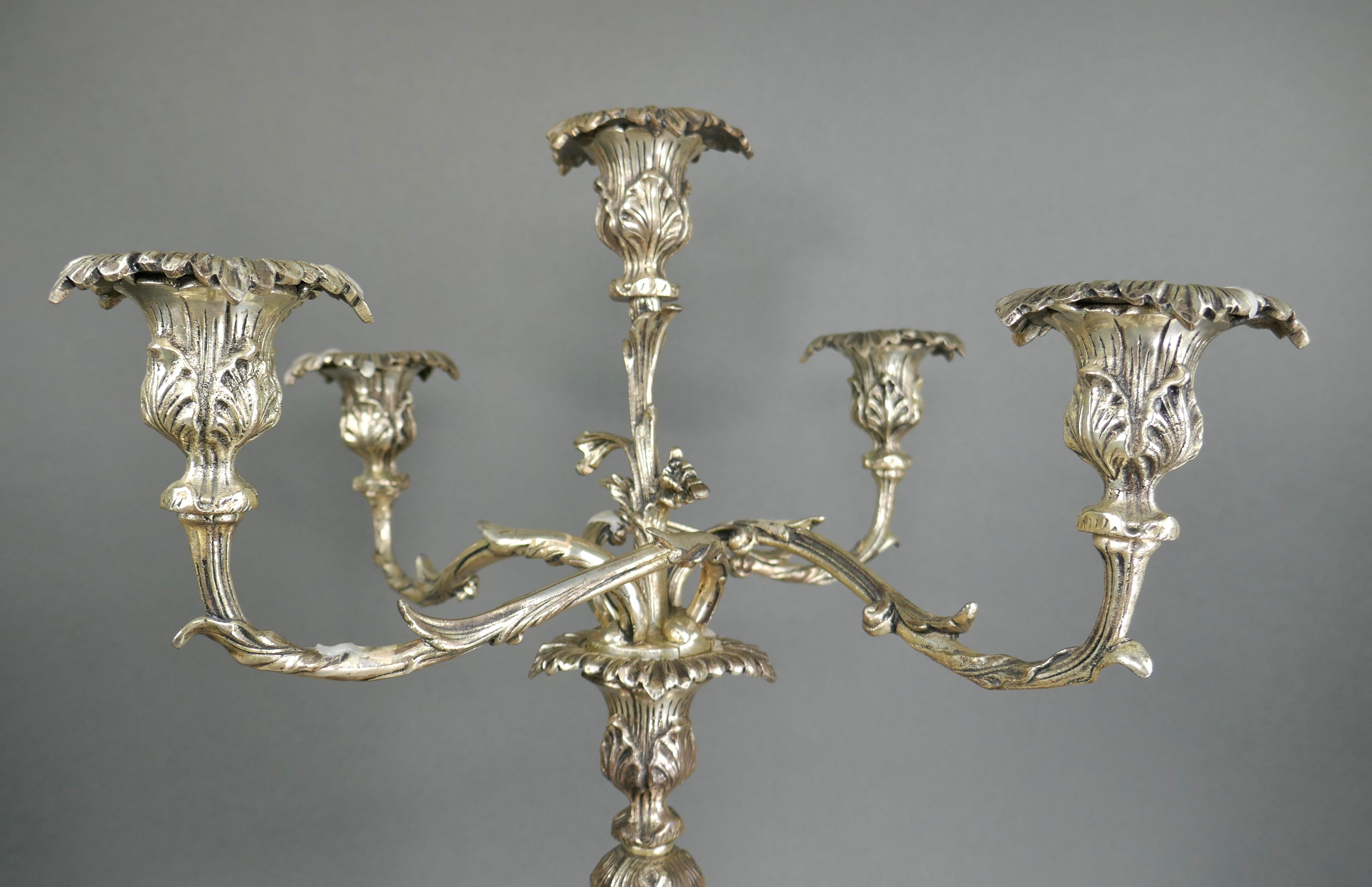 Cast 20th Century Rococo Silver Plate Five Arm Table Centerpiece Candelabra