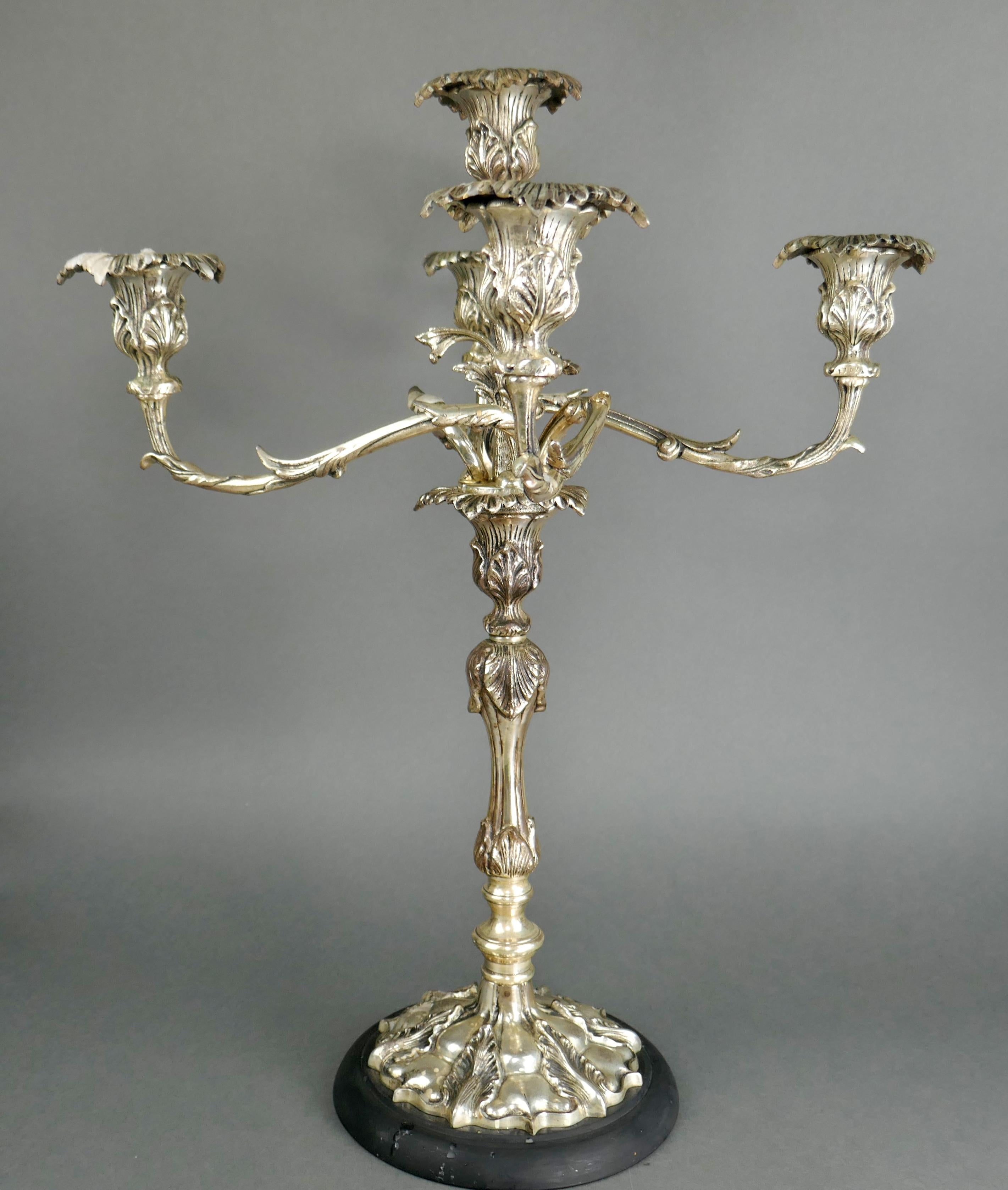 20th Century Rococo Silver Plate Five Arm Table Centerpiece Candelabra 3