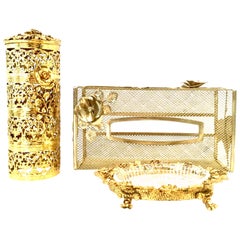 20th Century Rococo Style 24-Karat Gold Gilt Brass Three-Piece Vanity Set