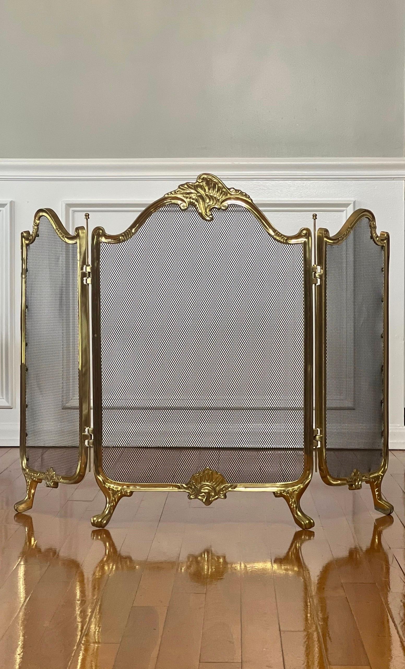 20th Century Rococo Style Brass Trifold Fireplace Screen For Sale 8