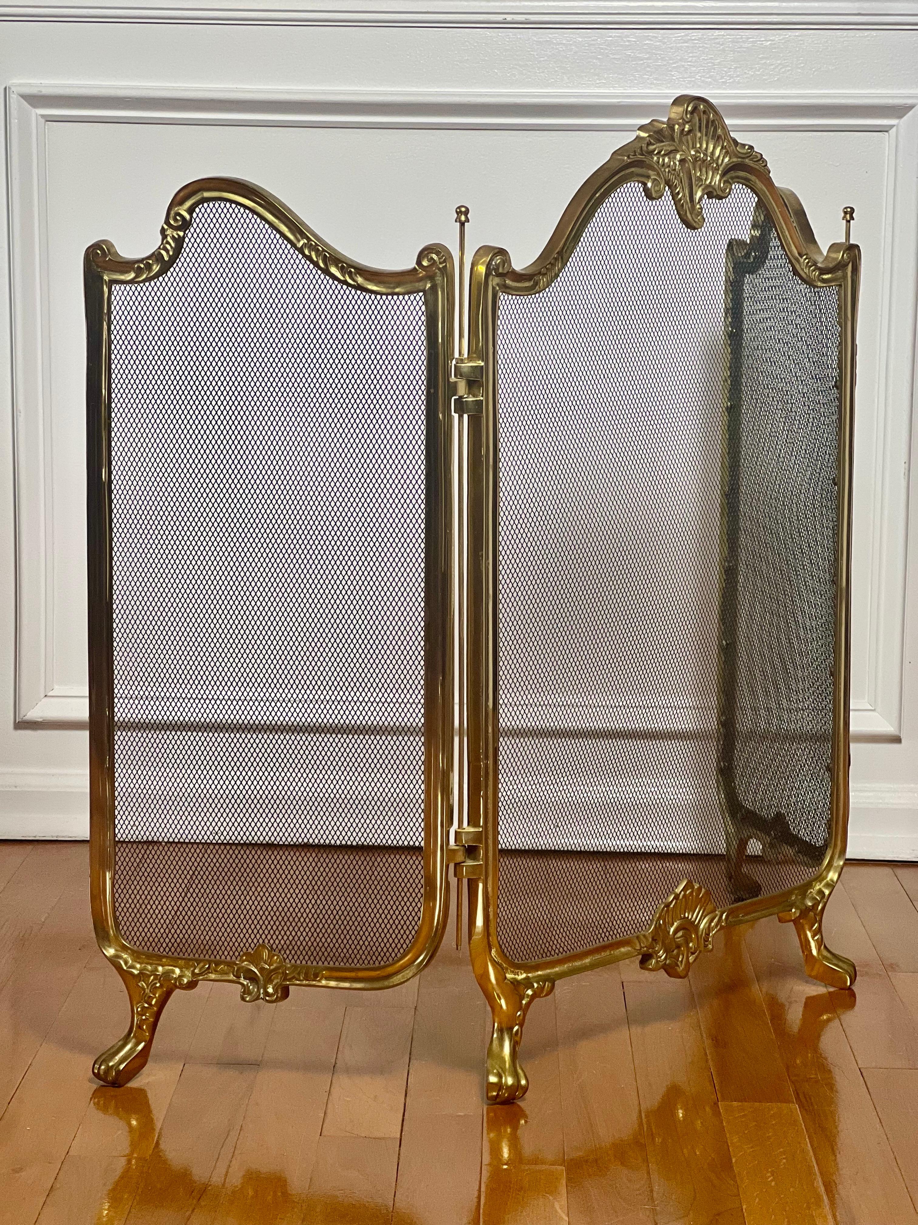 Cast 20th Century Rococo Style Brass Trifold Fireplace Screen For Sale