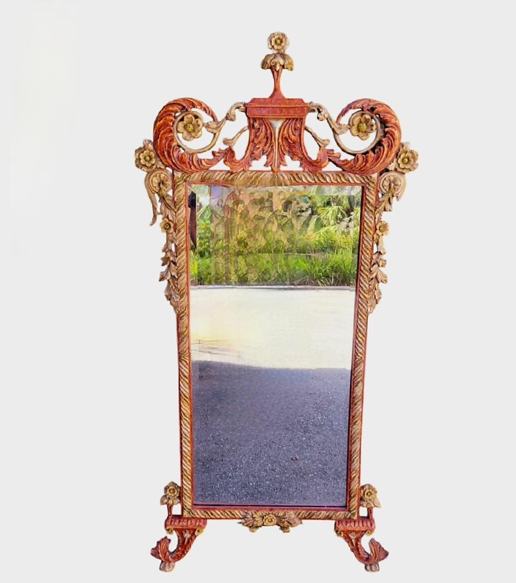 Grand miroir mural de style rococo du 20e siècle, pagode de style Régence en bois sculpté vert rouille en vente 3