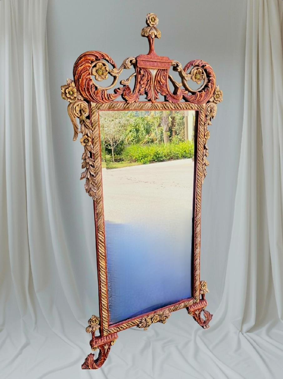 Grand miroir mural de style rococo du 20e siècle, pagode de style Régence en bois sculpté vert rouille en vente 2